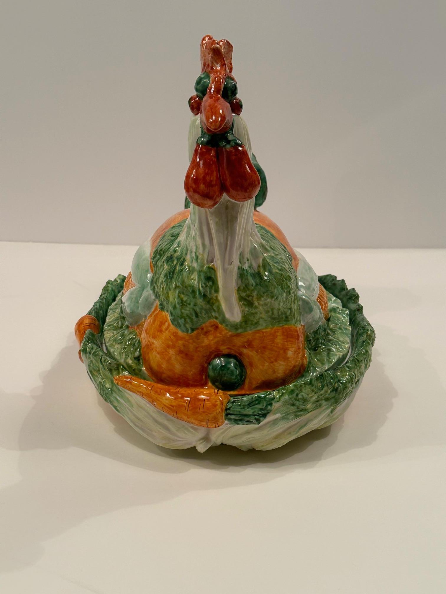 Marvelous Italian Ceramic Majolica Rooster and Vegetable Tureen For Sale 4