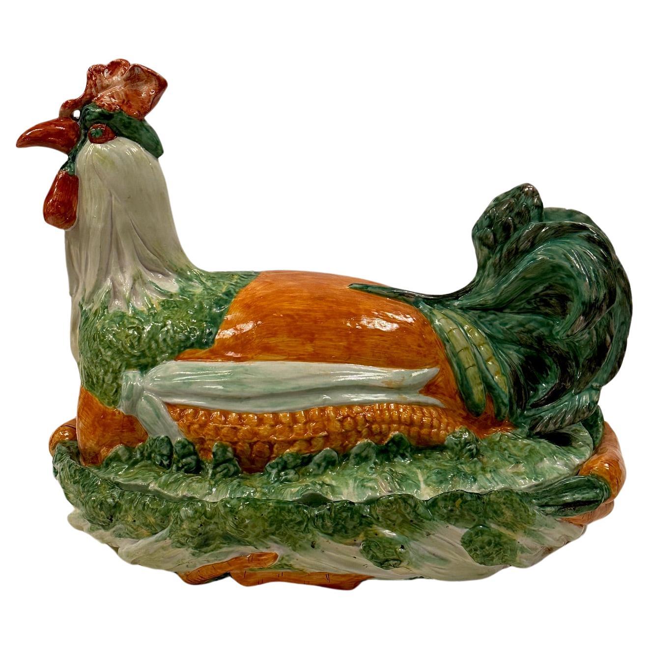 Marvelous Italian Ceramic Majolica Rooster and Vegetable Tureen For Sale