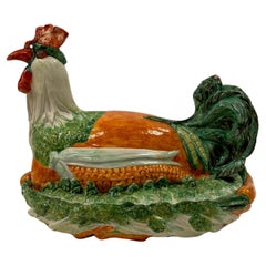 Antique Marvelous Italian Ceramic Majolica Rooster and Vegetable Tureen