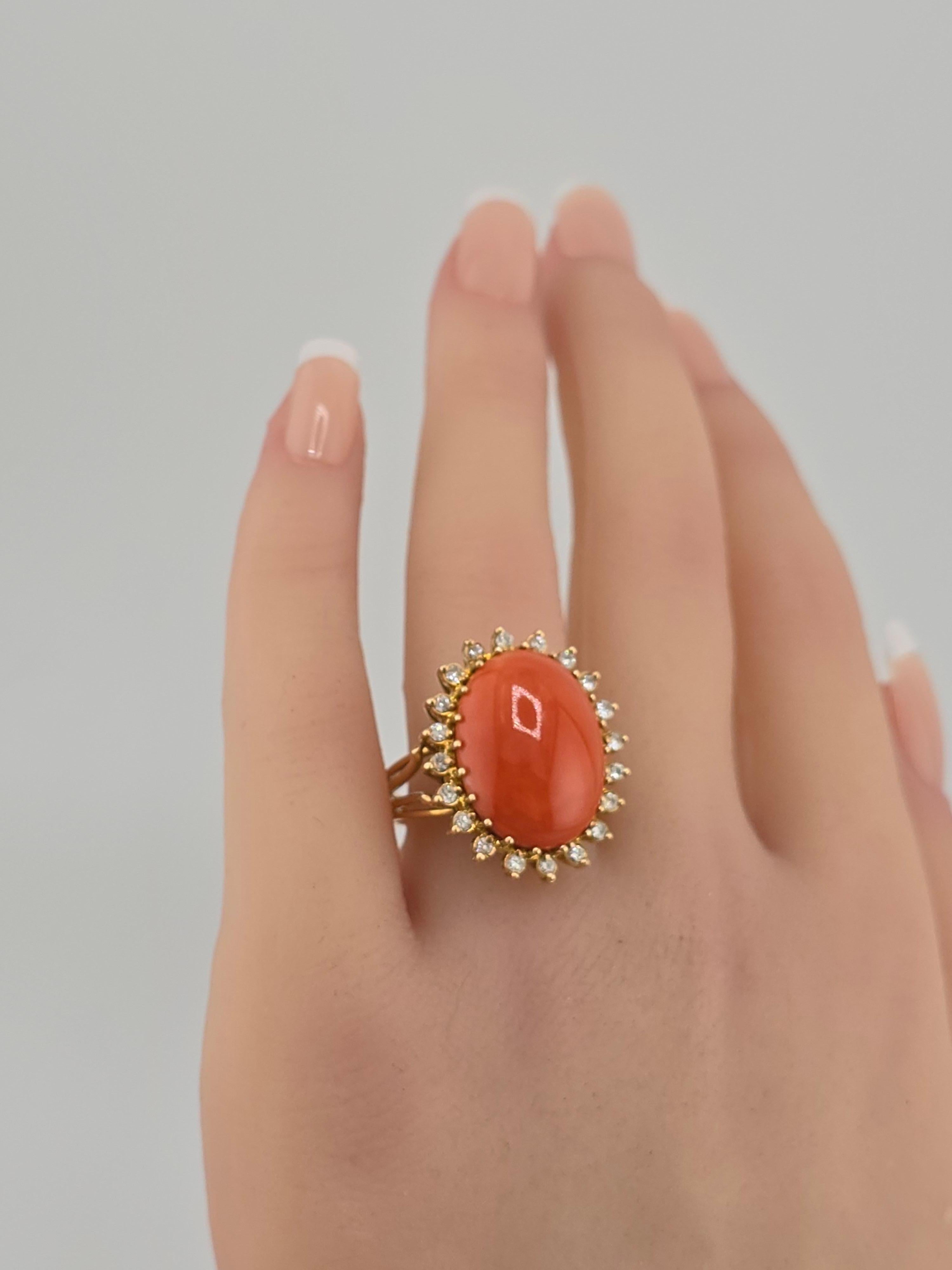 Marvelous Italian Momo Coral 14K Yellow Gold Ring Surrounded With Diamonds  For Sale 5