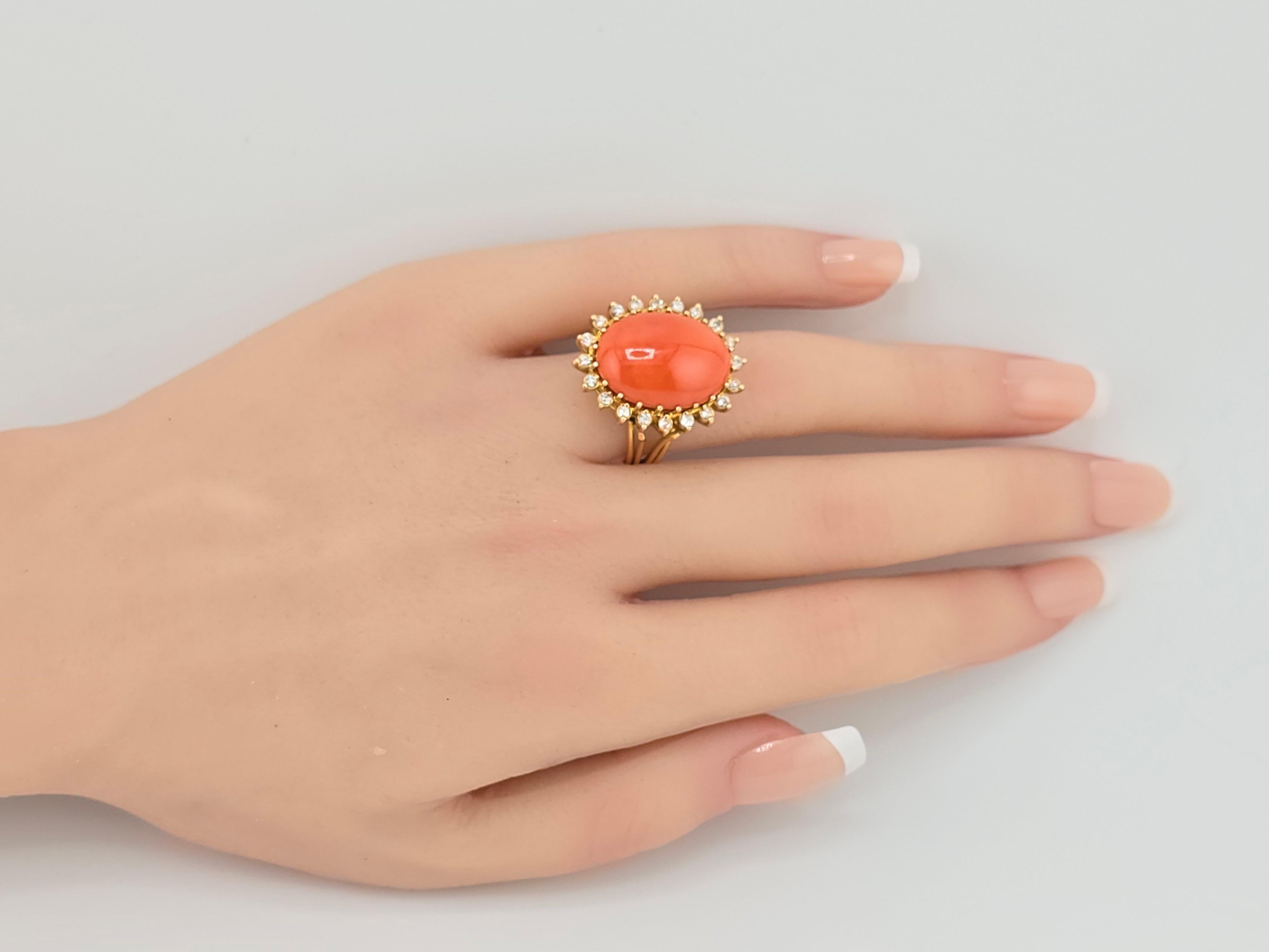 Marvelous Italian Momo Coral 14K Yellow Gold Ring Surrounded With Diamonds  For Sale 6