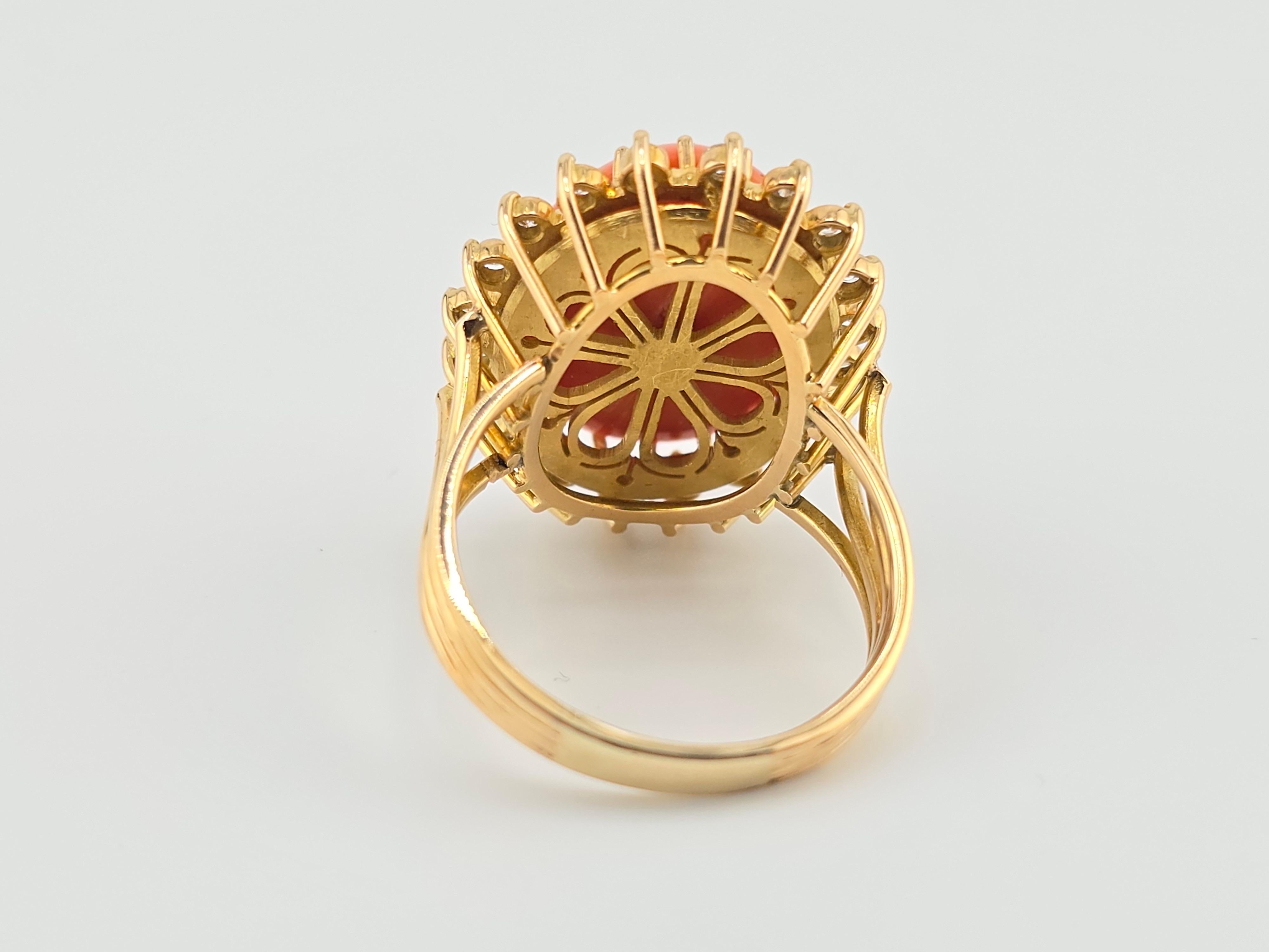 Round Cut Marvelous Italian Momo Coral 14K Yellow Gold Ring Surrounded With Diamonds  For Sale