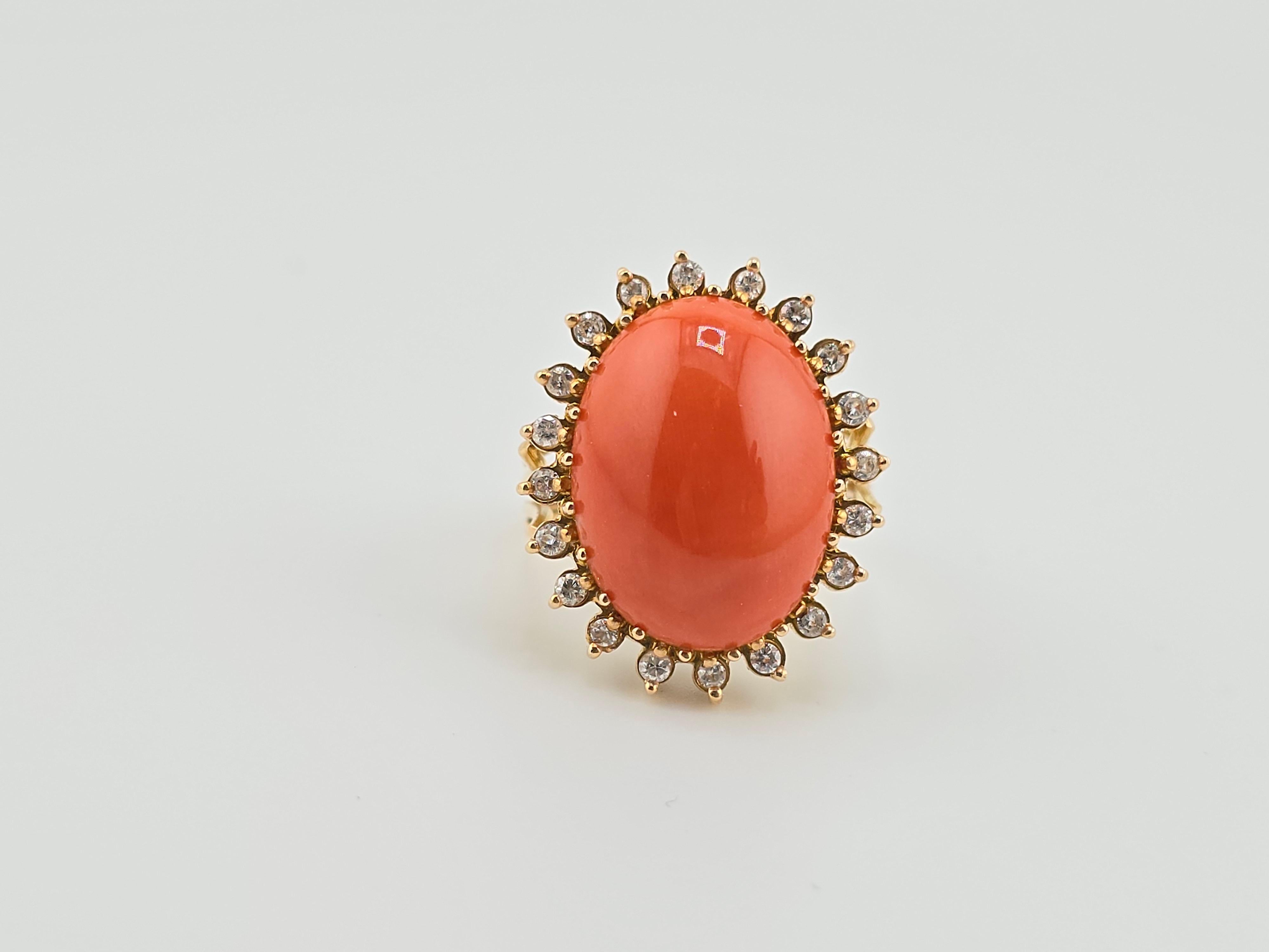 Marvelous Italian Momo Coral 14K Yellow Gold Ring Surrounded With Diamonds  In Good Condition For Sale In Media, PA