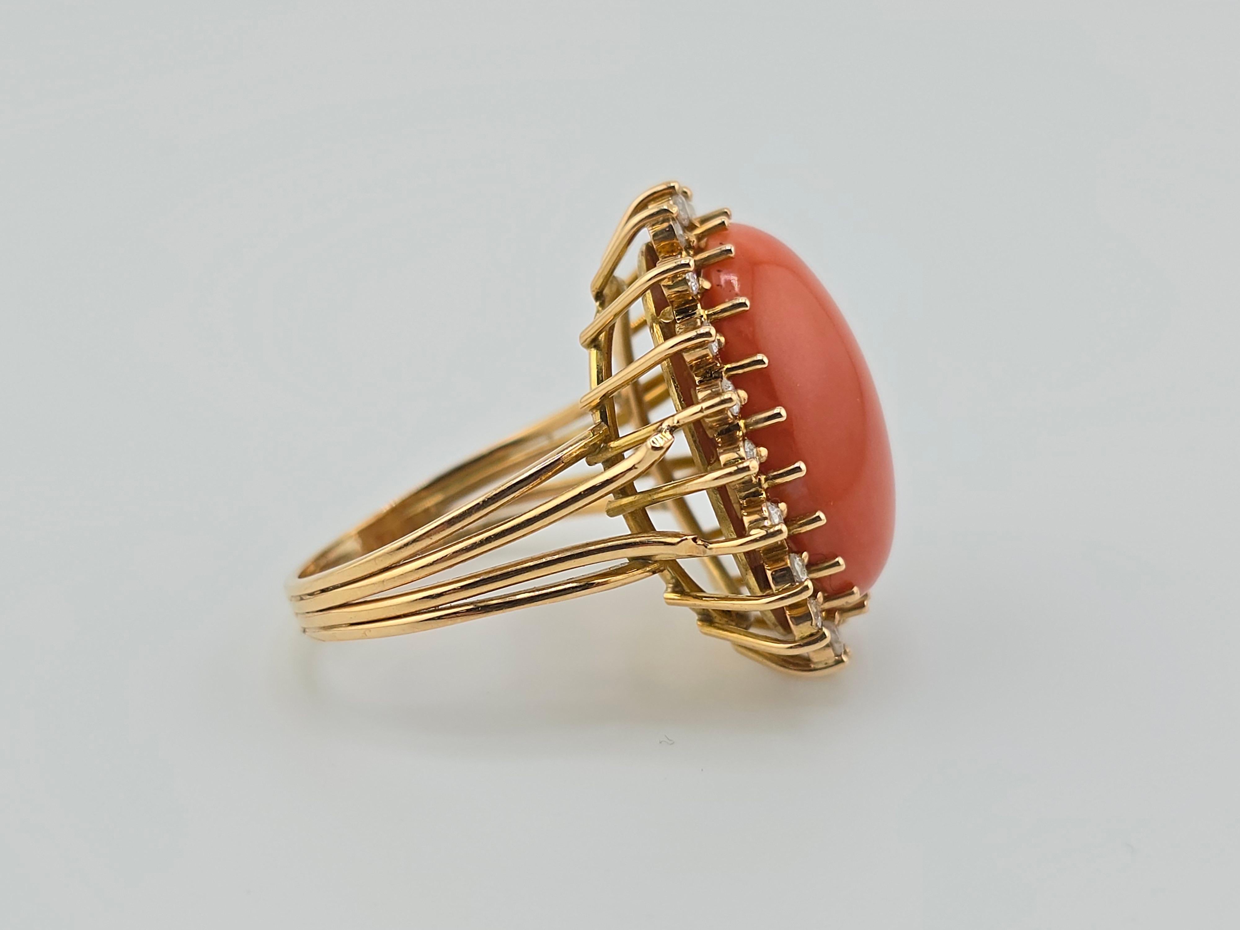Marvelous Italian Momo Coral 14K Yellow Gold Ring Surrounded With Diamonds  For Sale 1