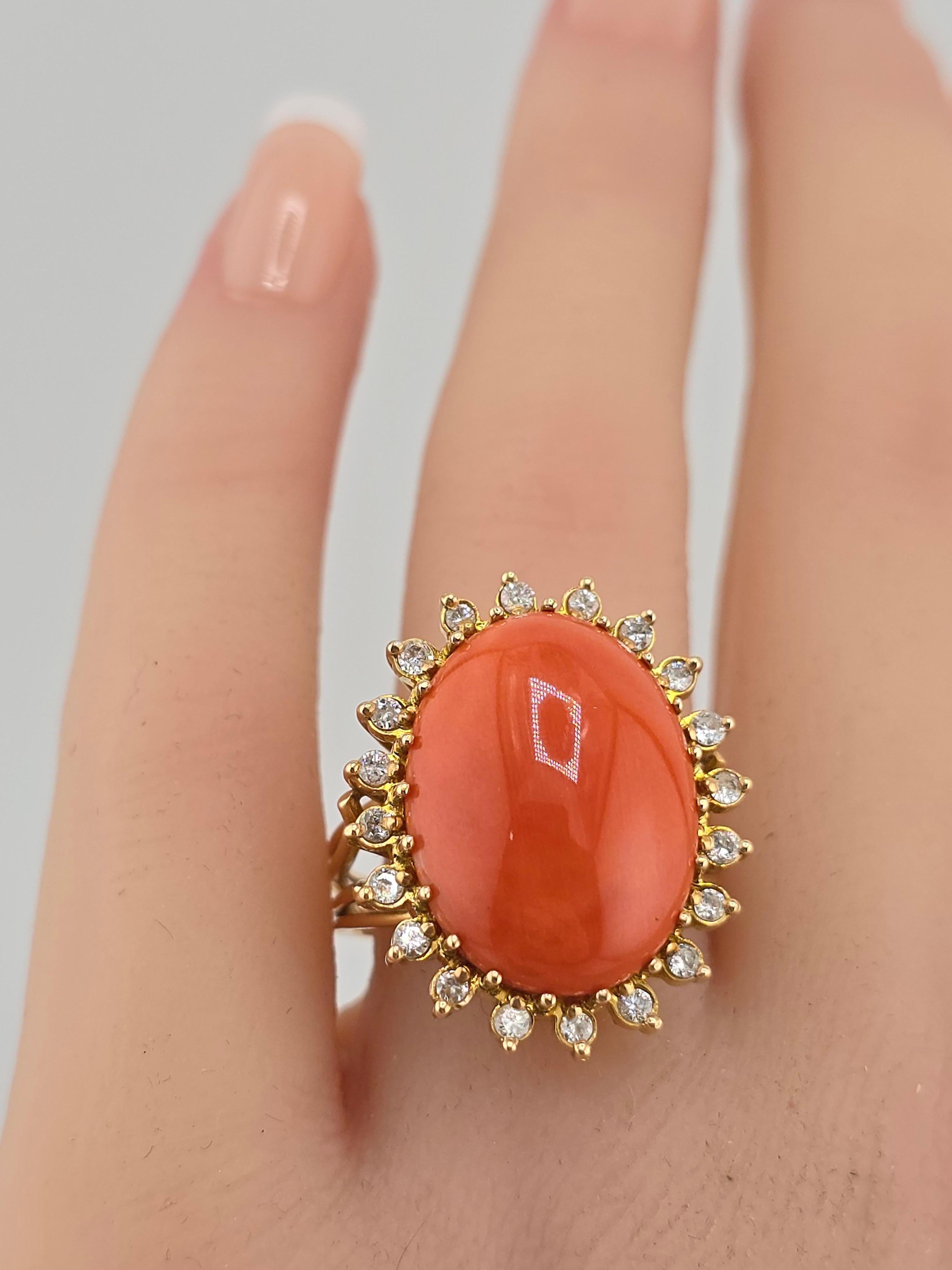 Marvelous Italian Momo Coral 14K Yellow Gold Ring Surrounded With Diamonds  For Sale 3