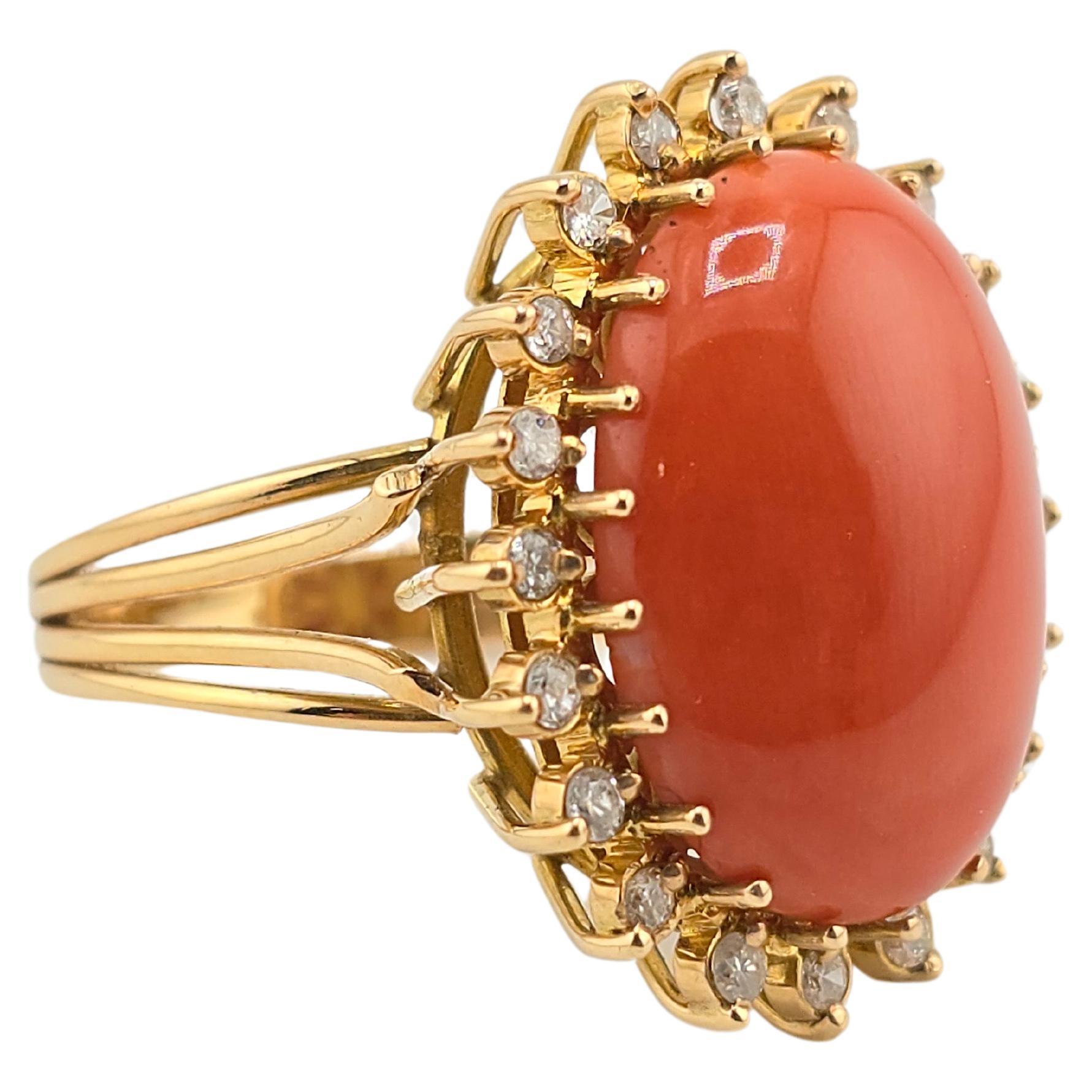 Marvelous Italian Momo Coral 14K Yellow Gold Ring Surrounded With Diamonds  For Sale