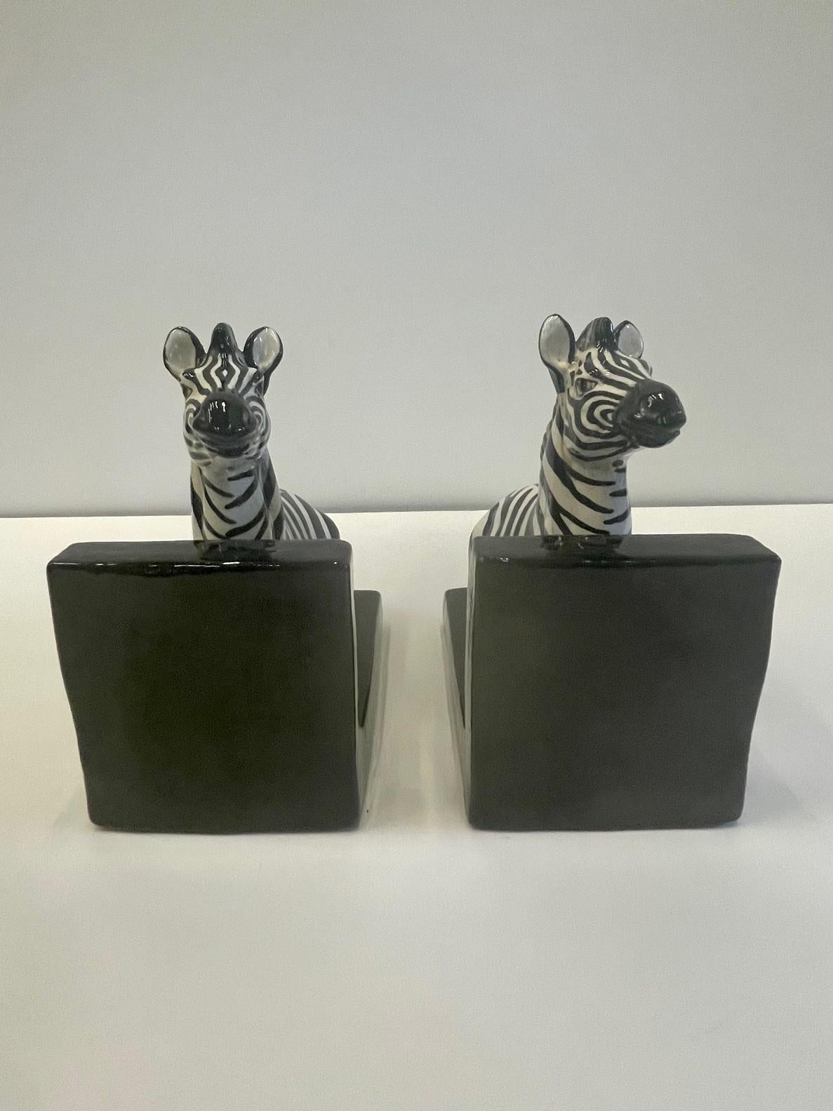 Marvelous Italian Vintage Black and White Glazed Terracotta Zebra Bookends 6