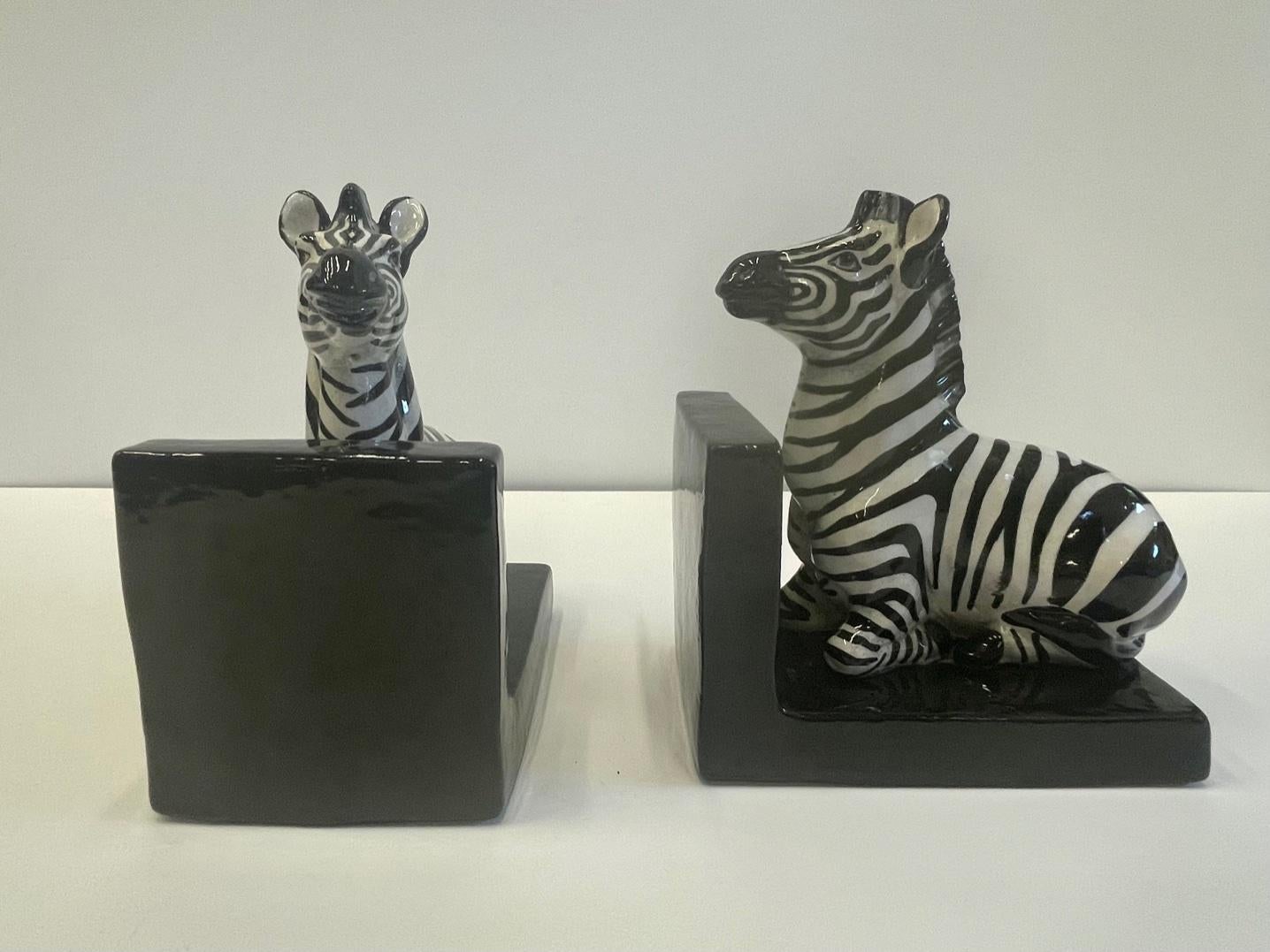 Marvelous Italian Vintage Black and White Glazed Terracotta Zebra Bookends 3