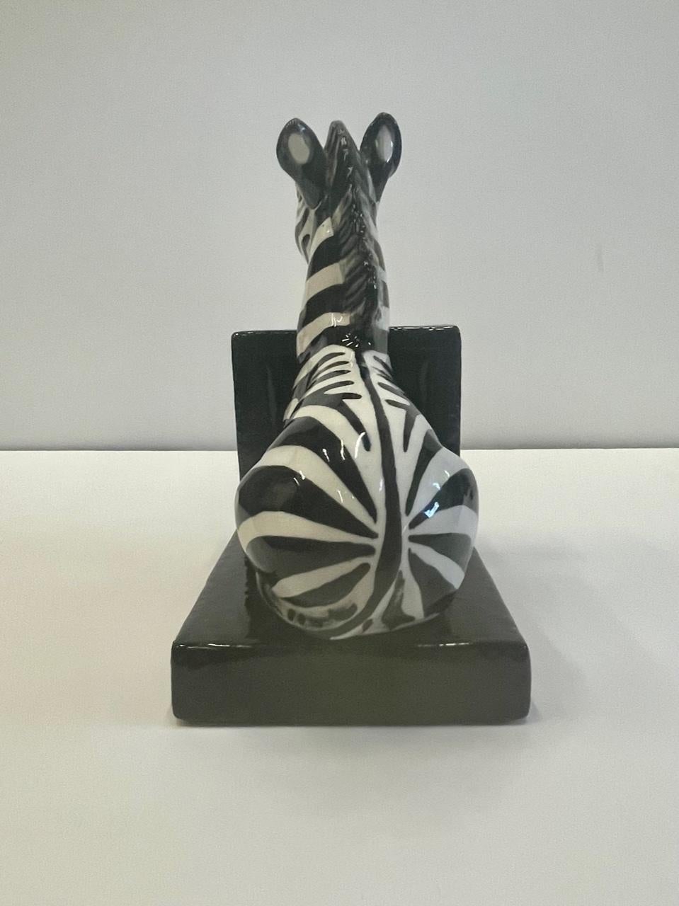 Marvelous Italian Vintage Black and White Glazed Terracotta Zebra Bookends 4