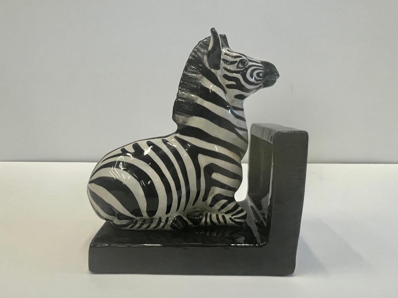 Marvelous Italian Vintage Black and White Glazed Terracotta Zebra Bookends 5