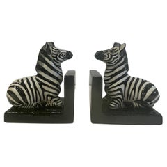 Marvelous Italian Vintage Black and White Glazed Terracotta Zebra Bookends