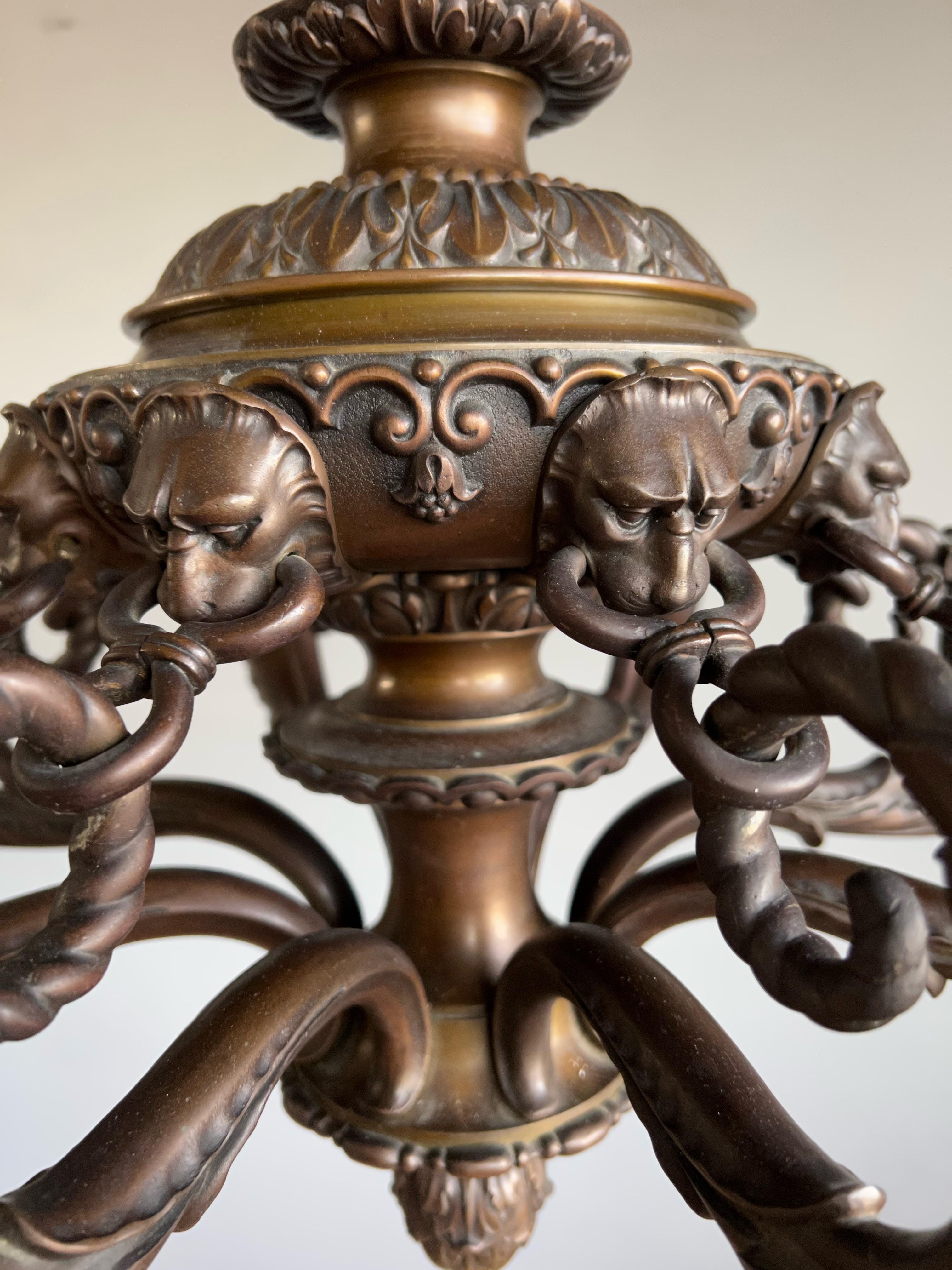 Marvelous & Large Antique Bronze w. 8 Mint Alabaster Shades Chandelier / Pendant For Sale 1