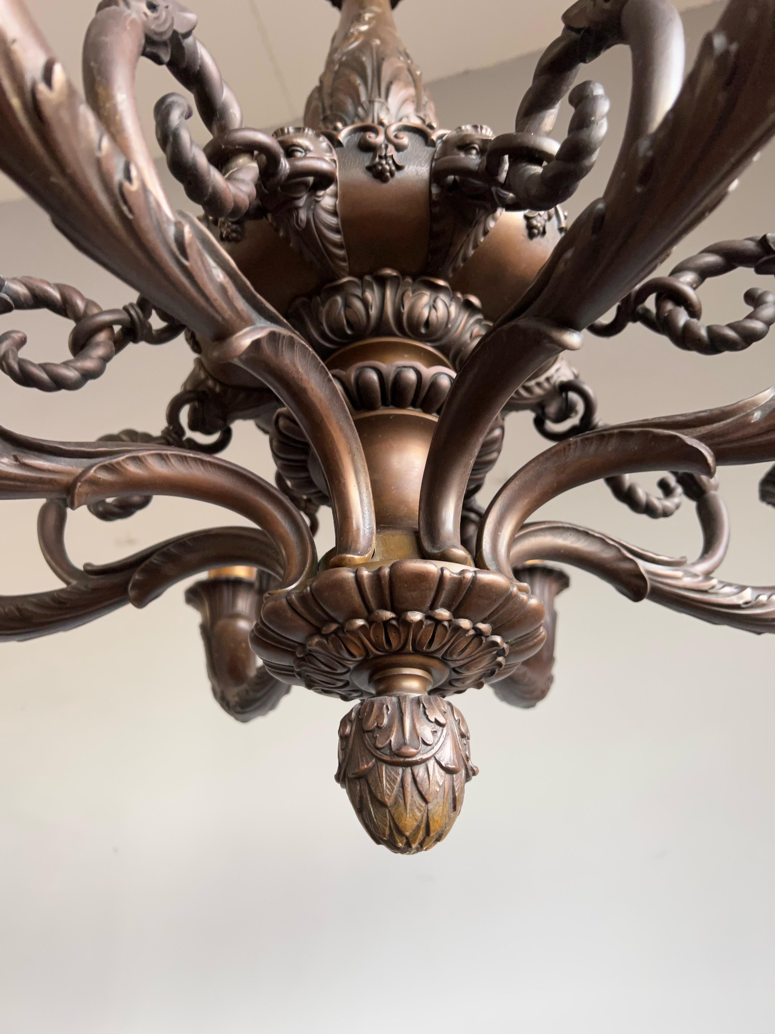 Marvelous & Large Antique Bronze w. 8 Mint Alabaster Shades Chandelier / Pendant For Sale 2