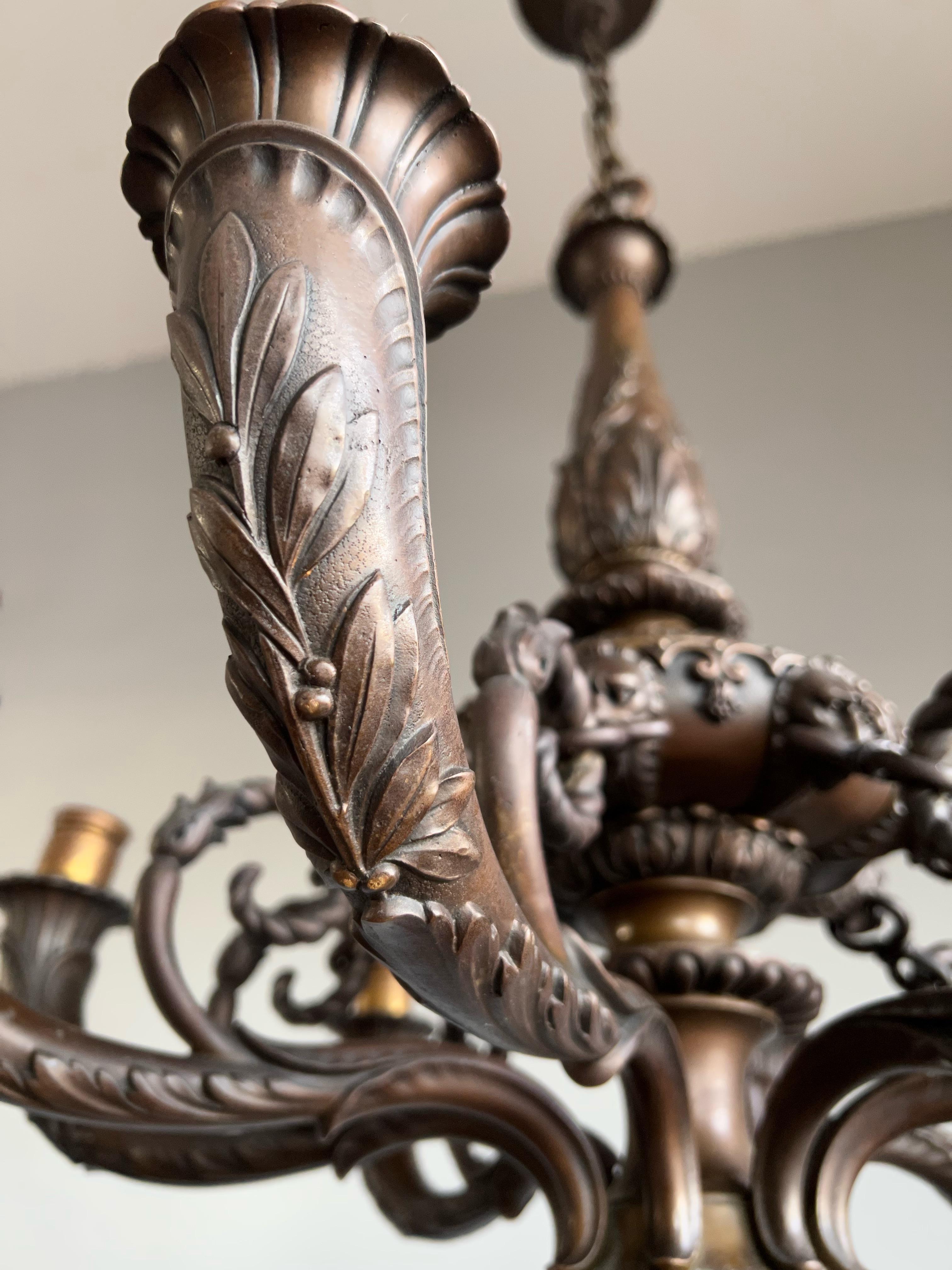 Marvelous & Large Antique Bronze w. 8 Mint Alabaster Shades Chandelier / Pendant For Sale 5