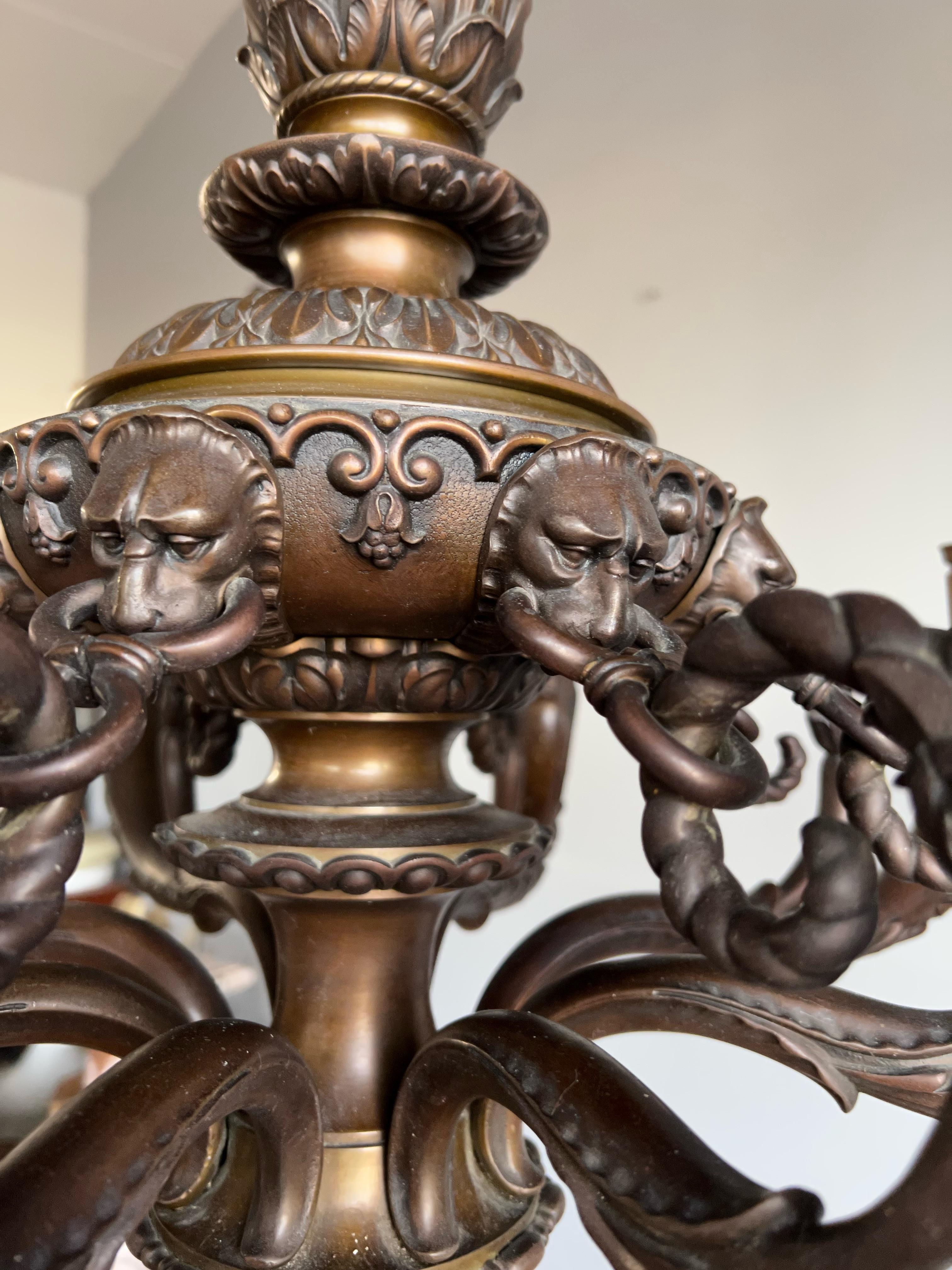 Marvelous & Large Antique Bronze w. 8 Mint Alabaster Shades Chandelier / Pendant For Sale 6