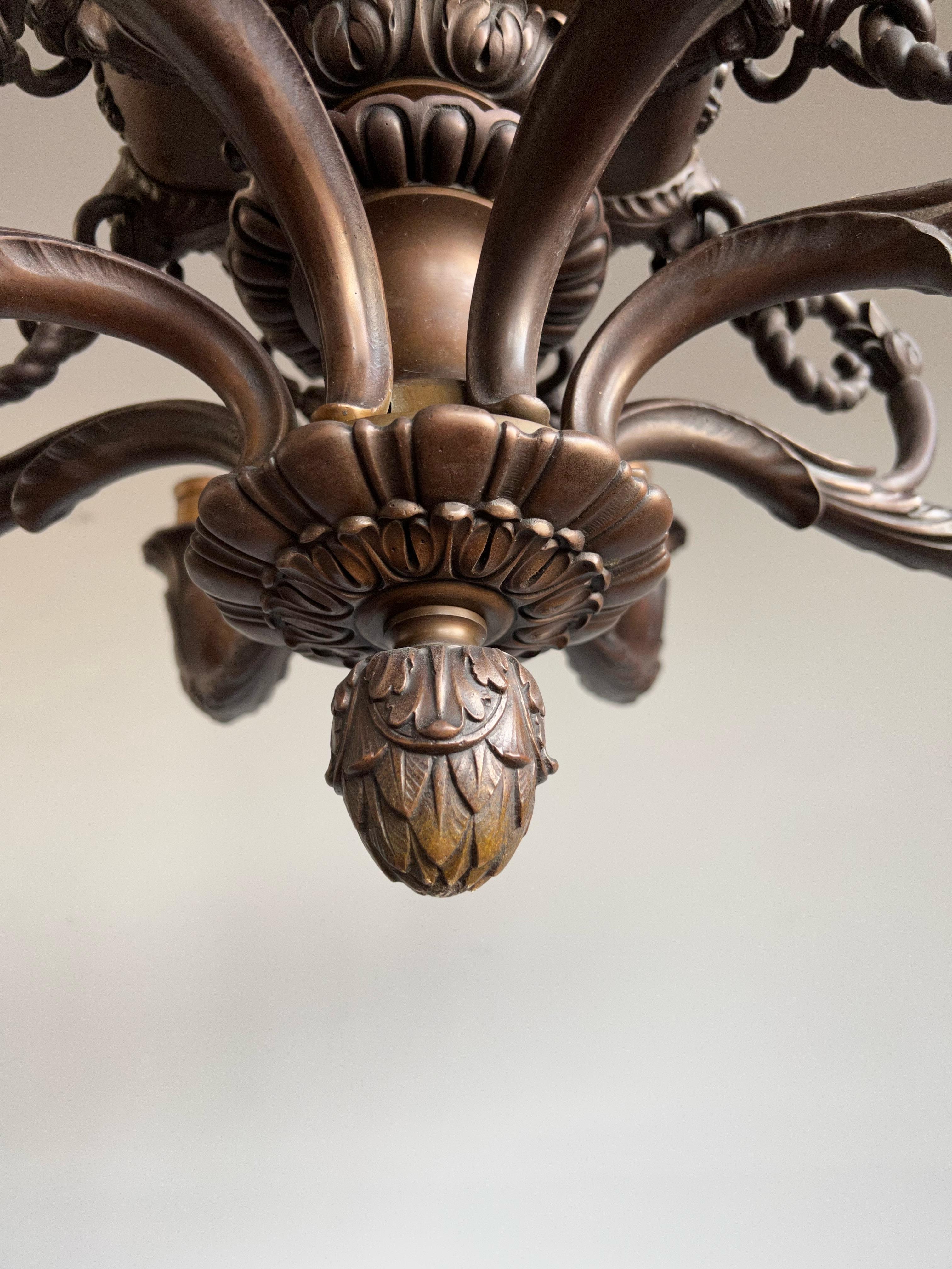 Marvelous & Large Antique Bronze w. 8 Mint Alabaster Shades Chandelier / Pendant For Sale 7