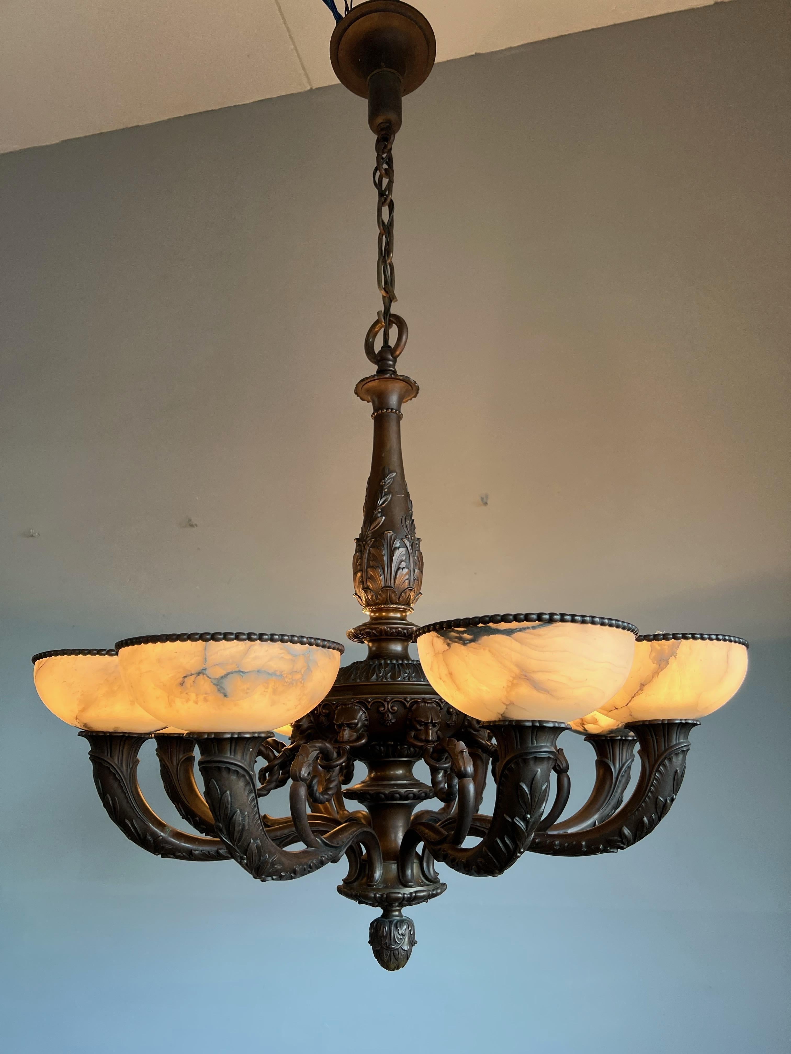 Marvelous & Large Antique Bronze w. 8 Mint Alabaster Shades Chandelier / Pendant For Sale 8