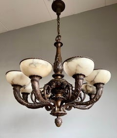 Marvelous & Large Antique Bronze w. 8 Mint Alabaster Shades Chandelier / Pendant