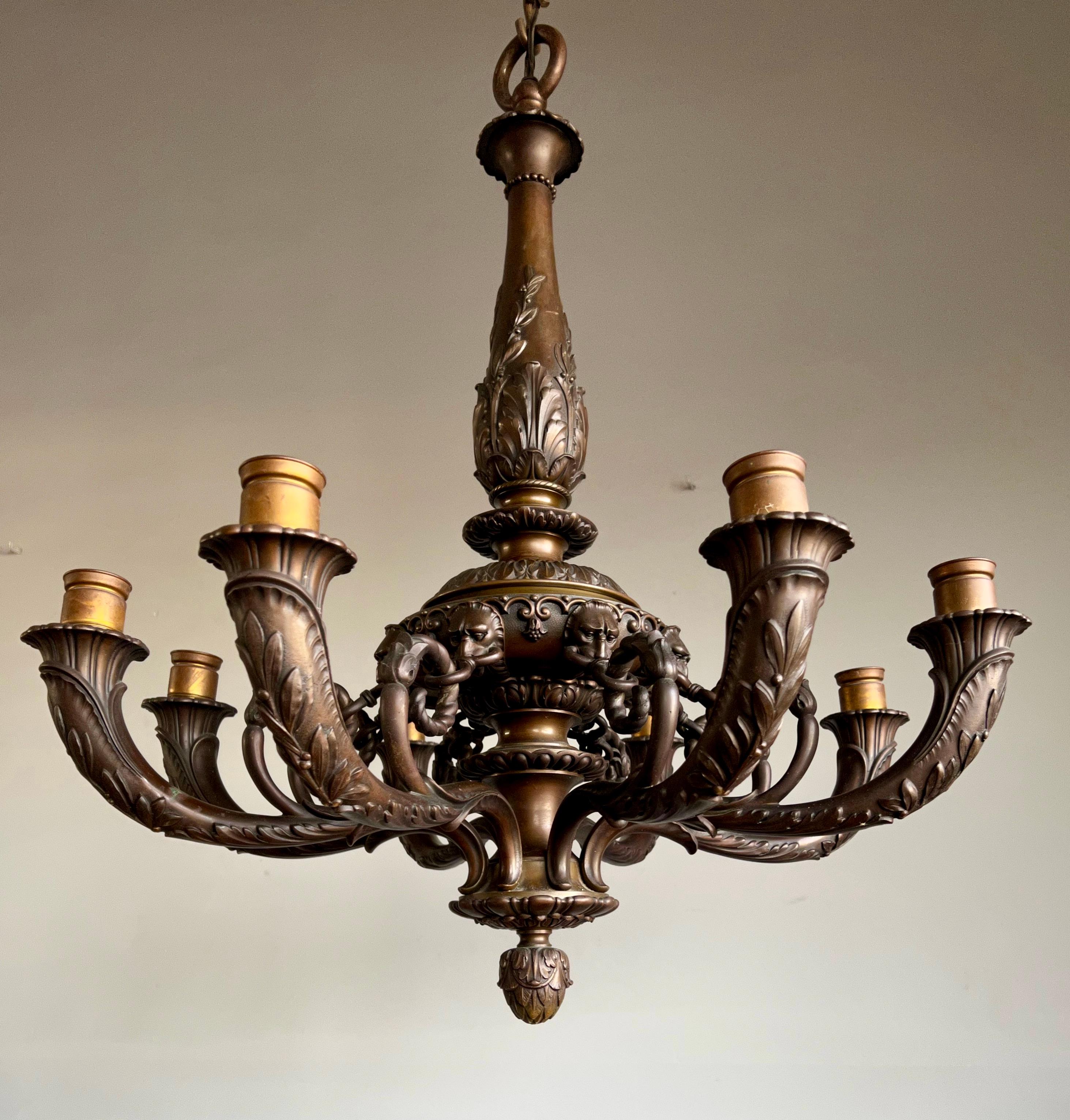 Art Deco Marvelous & Large Antique Bronze w. 8 Mint Alabaster Shades Chandelier / Pendant For Sale