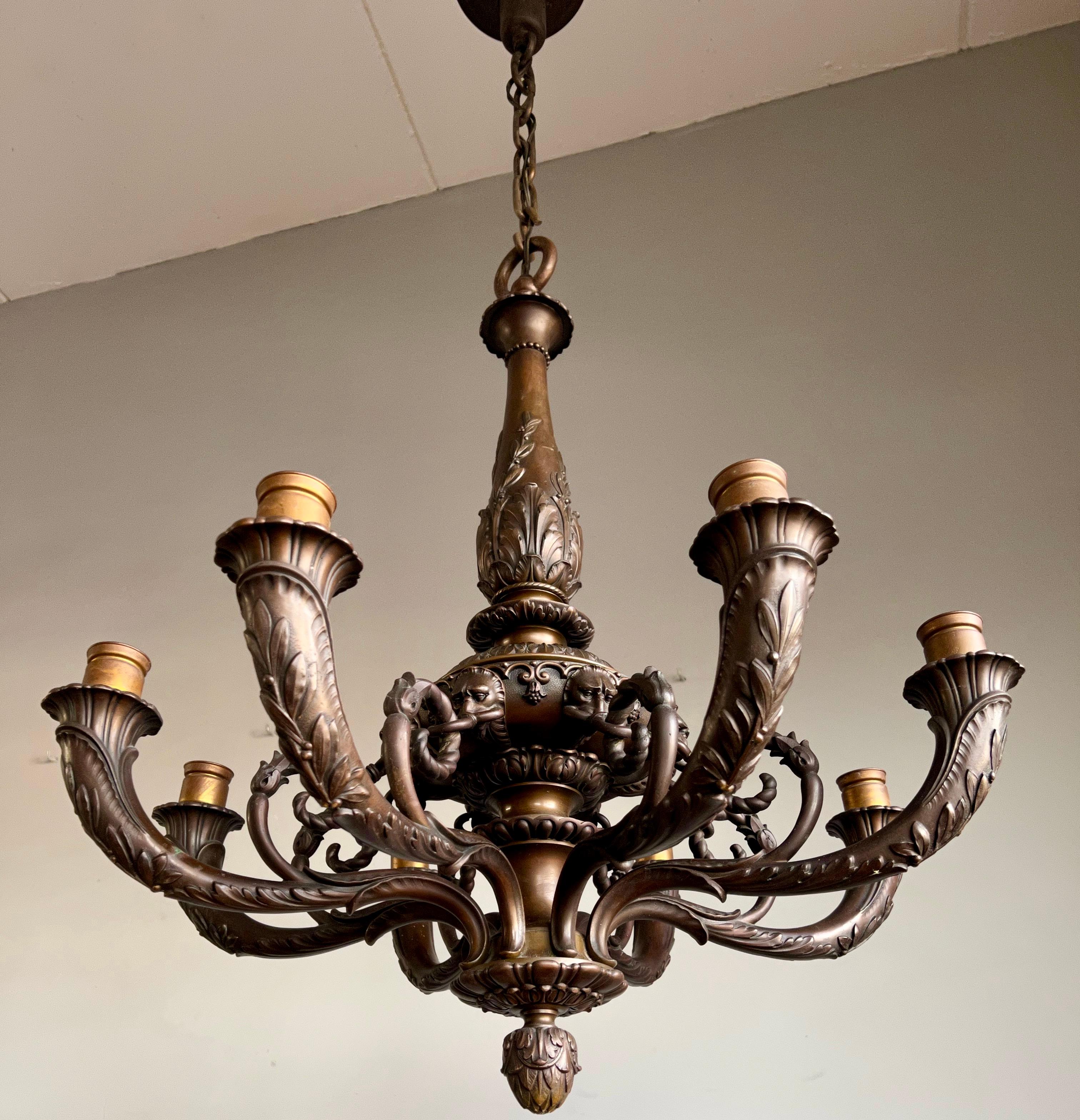 Hand-Carved Marvelous & Large Antique Bronze w. 8 Mint Alabaster Shades Chandelier / Pendant For Sale