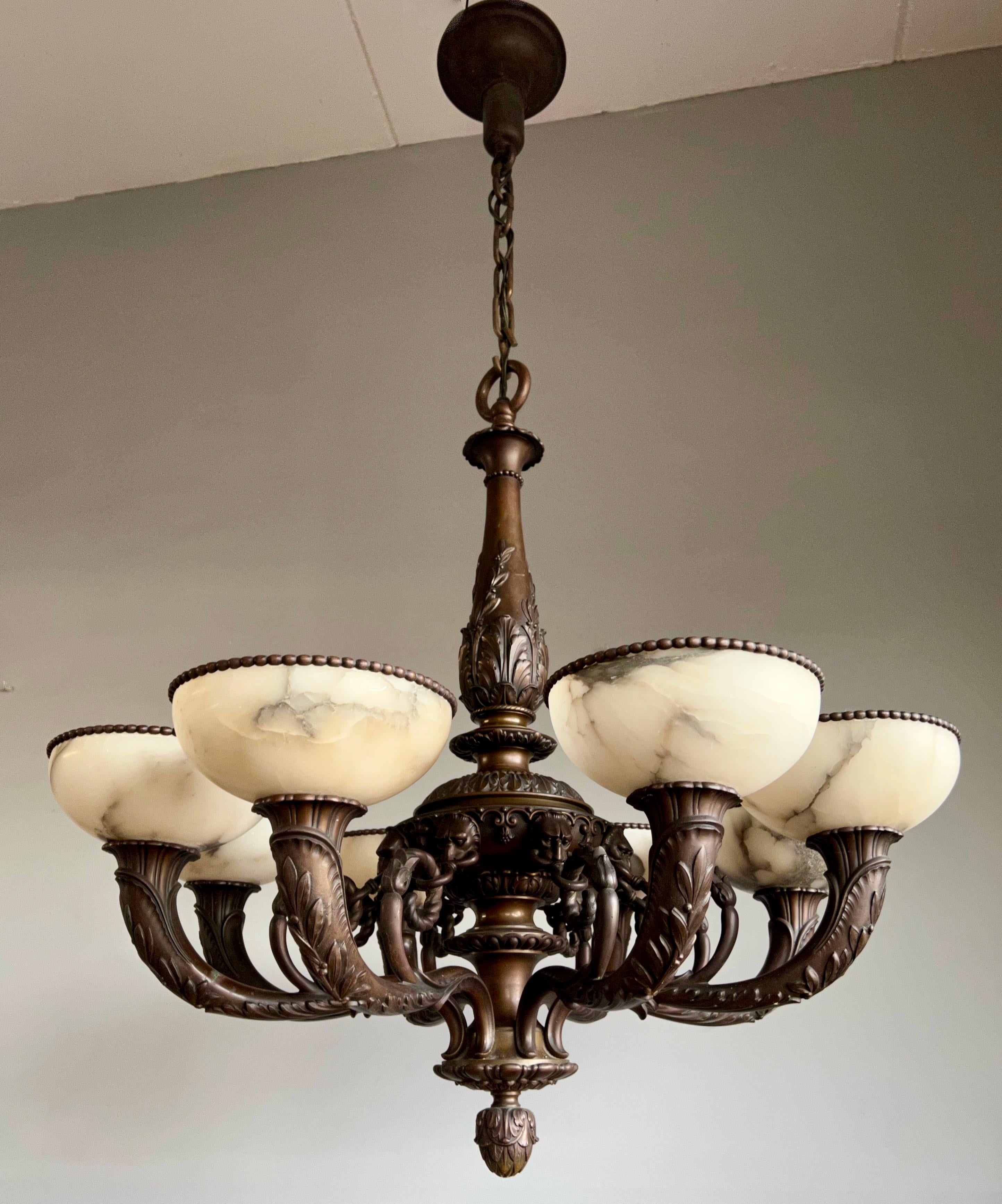 Marvelous & Large Antique Bronze w. 8 Mint Alabaster Shades Chandelier / Pendant In Good Condition For Sale In Lisse, NL