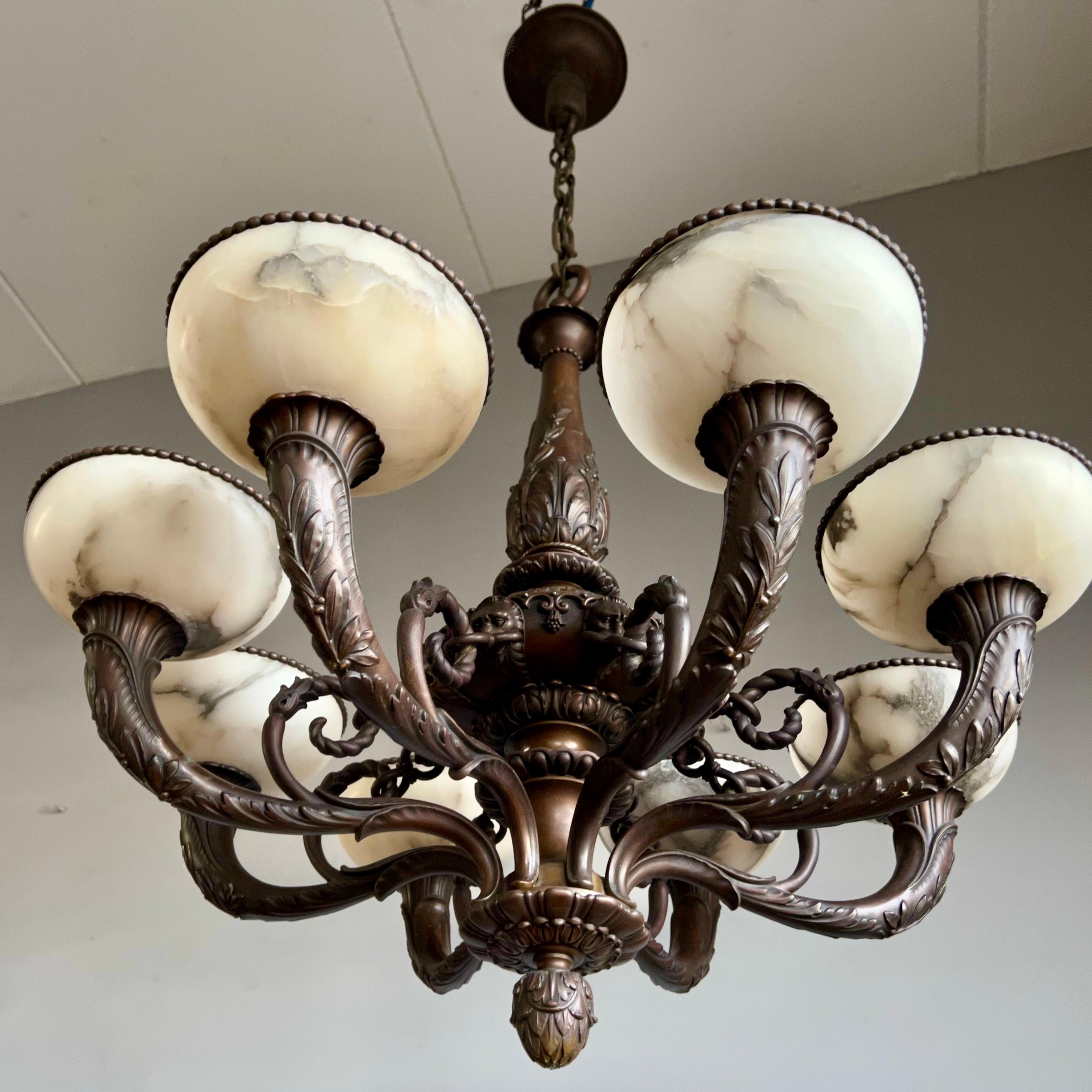Marvelous & Large Antique Bronze w. 8 Mint Alabaster Shades Chandelier / Pendant In Good Condition For Sale In Lisse, NL
