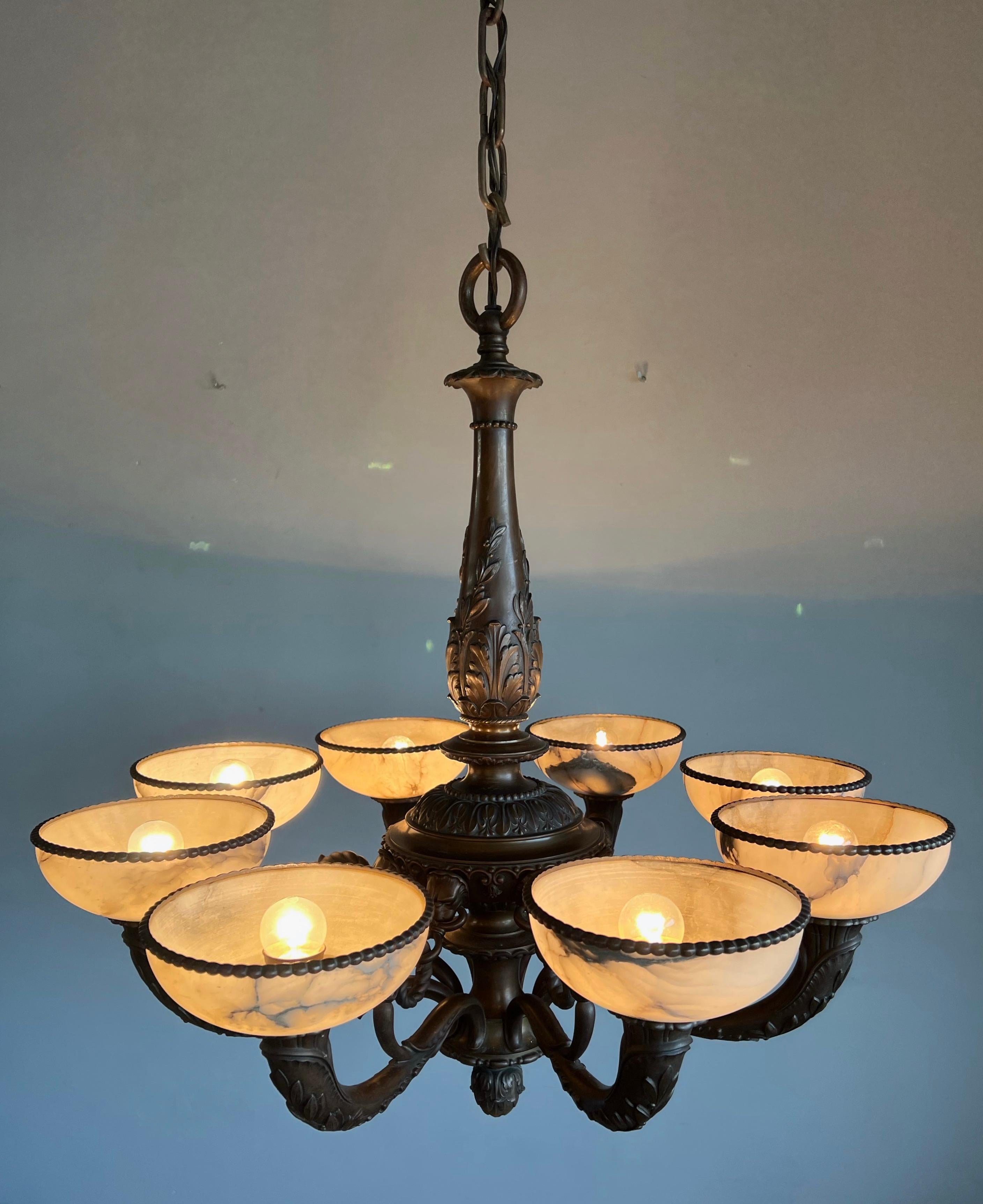 Brass Marvelous & Large Antique Bronze w. 8 Mint Alabaster Shades Chandelier / Pendant For Sale