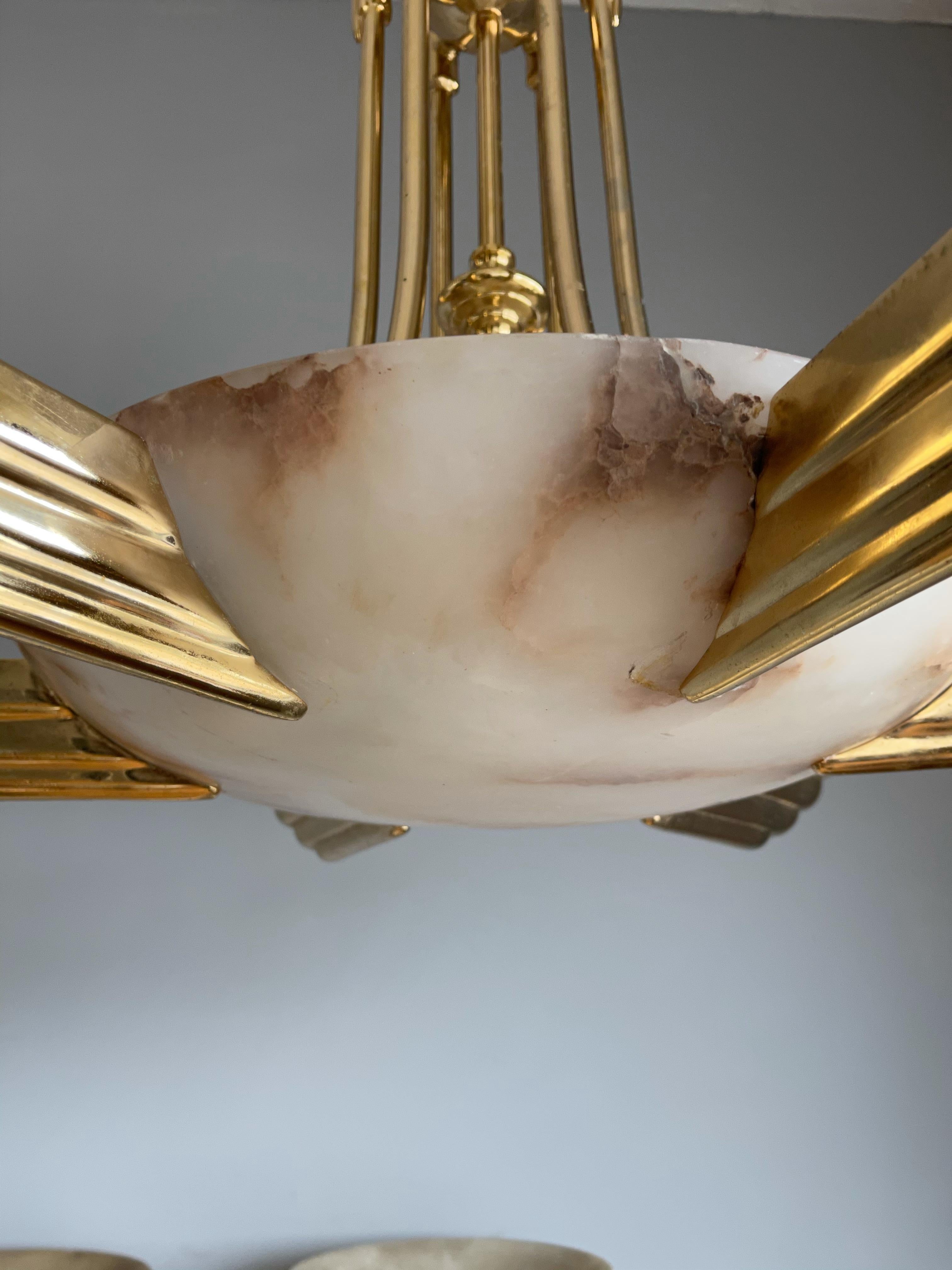 Marvelous & Large Art Deco Style Alabaster & Bronze Chandelier / Pendant Light For Sale 3