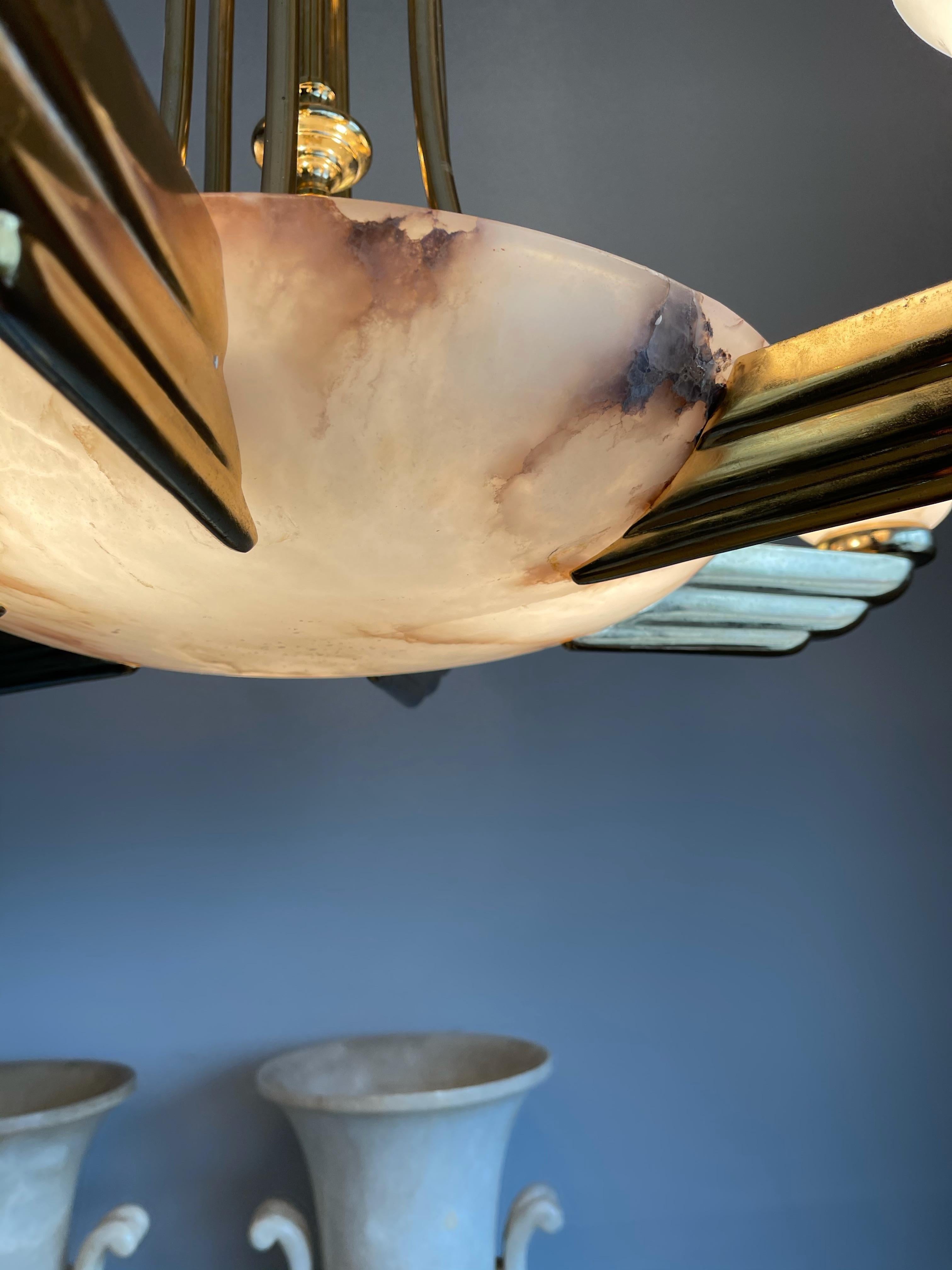 Marvelous & Large Art Deco Style Alabaster & Bronze Chandelier / Pendant Light For Sale 4