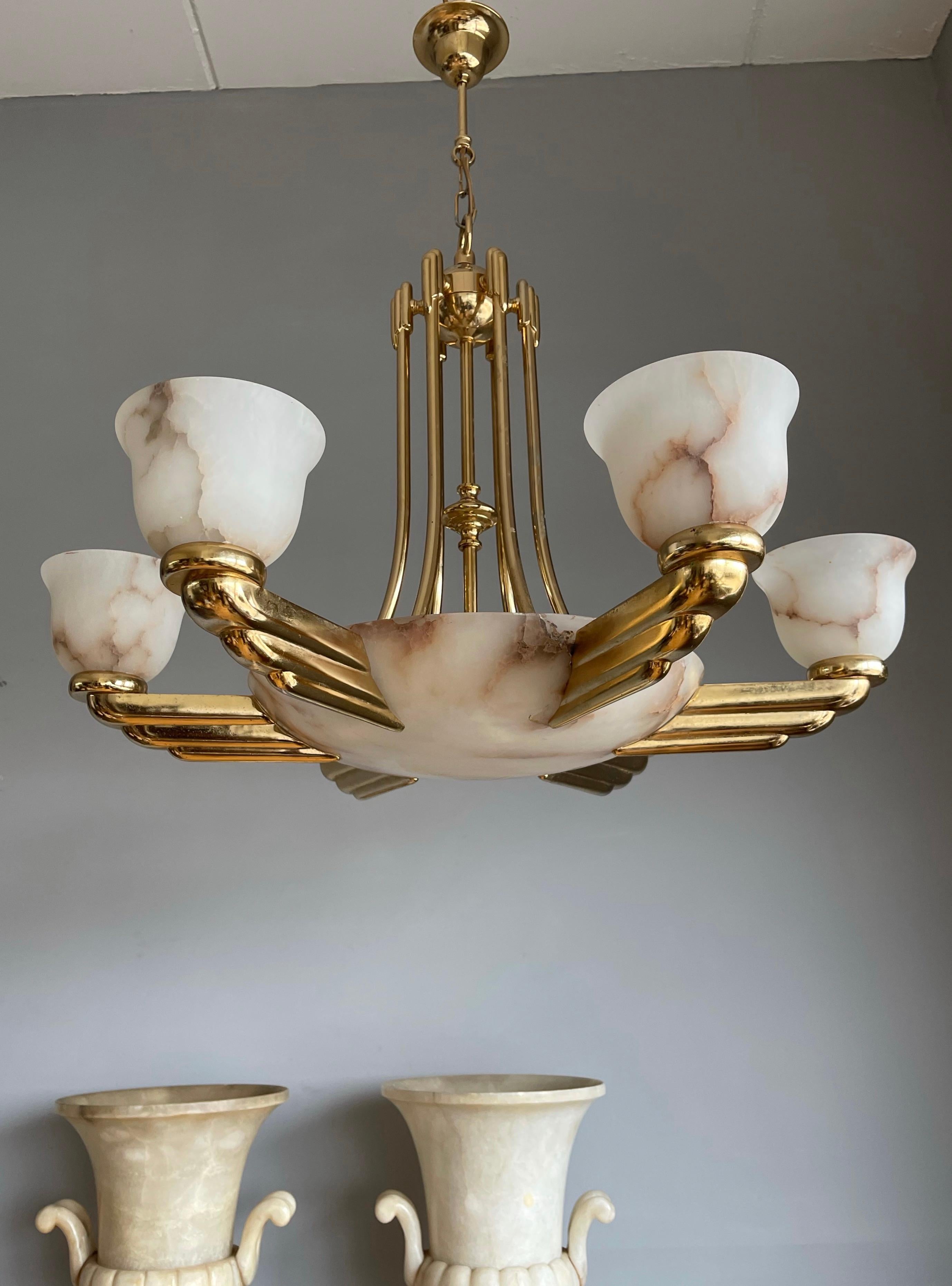 Marvelous & Large Art Deco Style Alabaster & Bronze Chandelier / Pendant Light For Sale 6