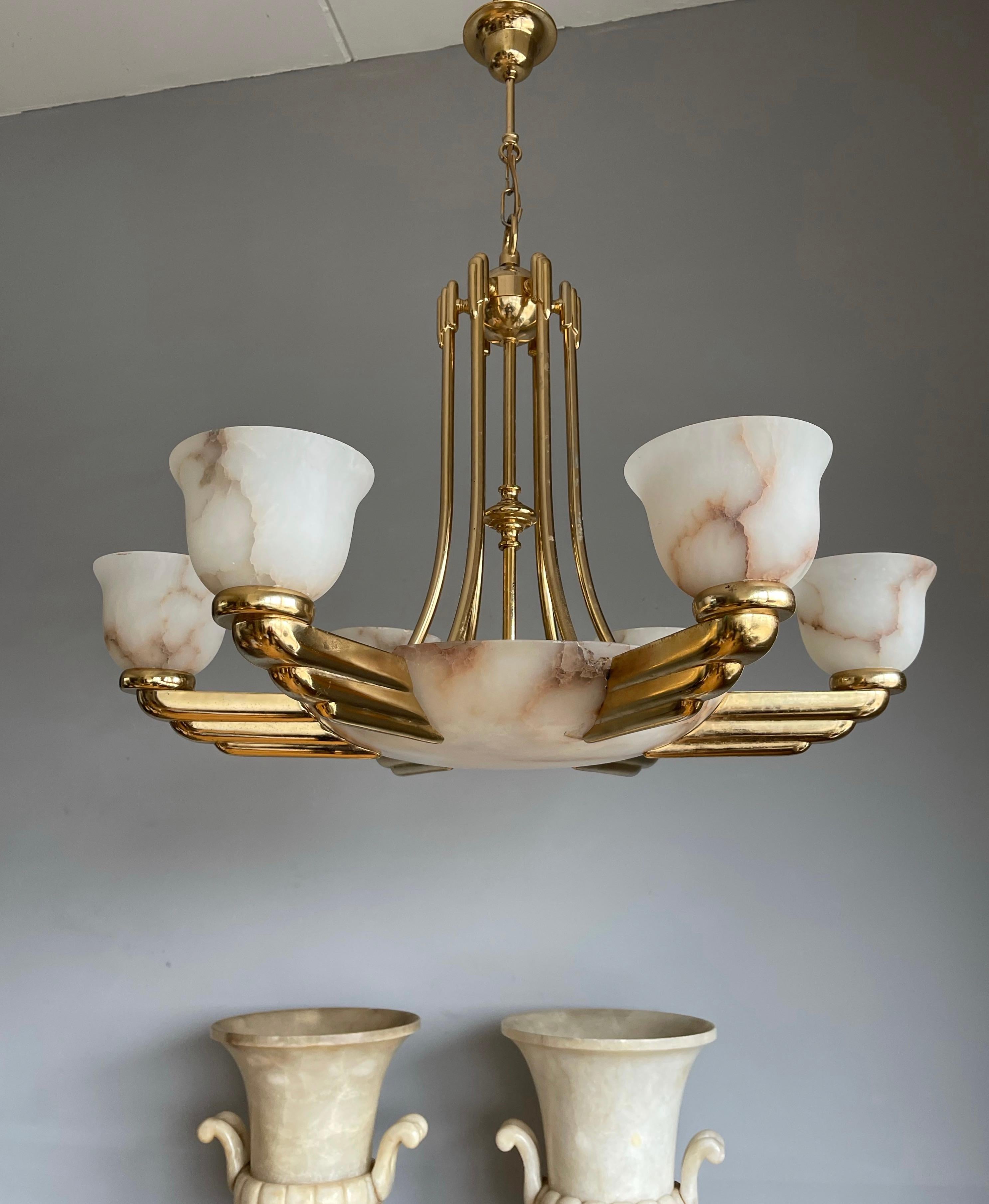 Marvelous & Large Art Deco Style Alabaster & Bronze Chandelier / Pendant Light For Sale 10