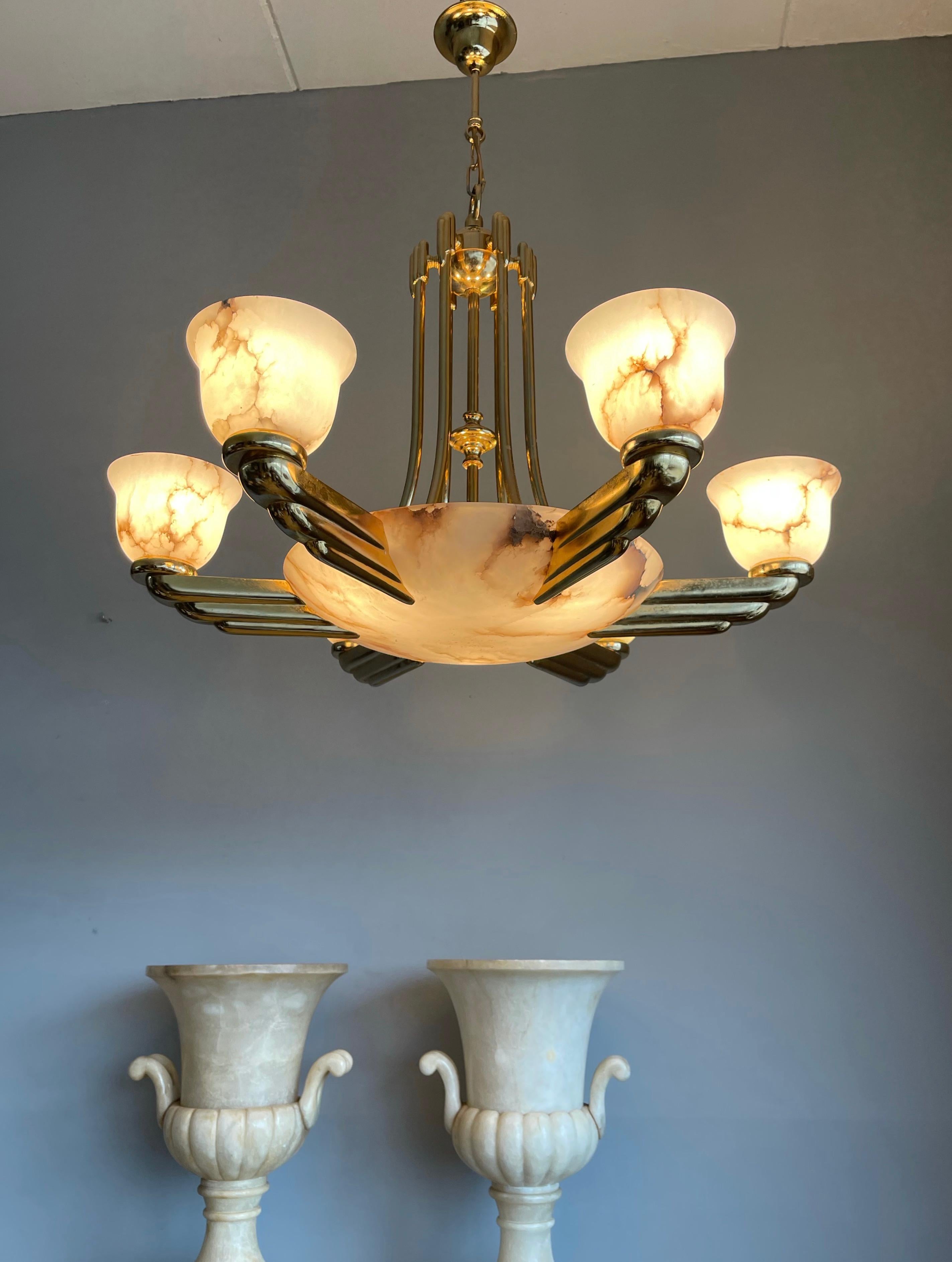 French Marvelous & Large Art Deco Style Alabaster & Bronze Chandelier / Pendant Light For Sale