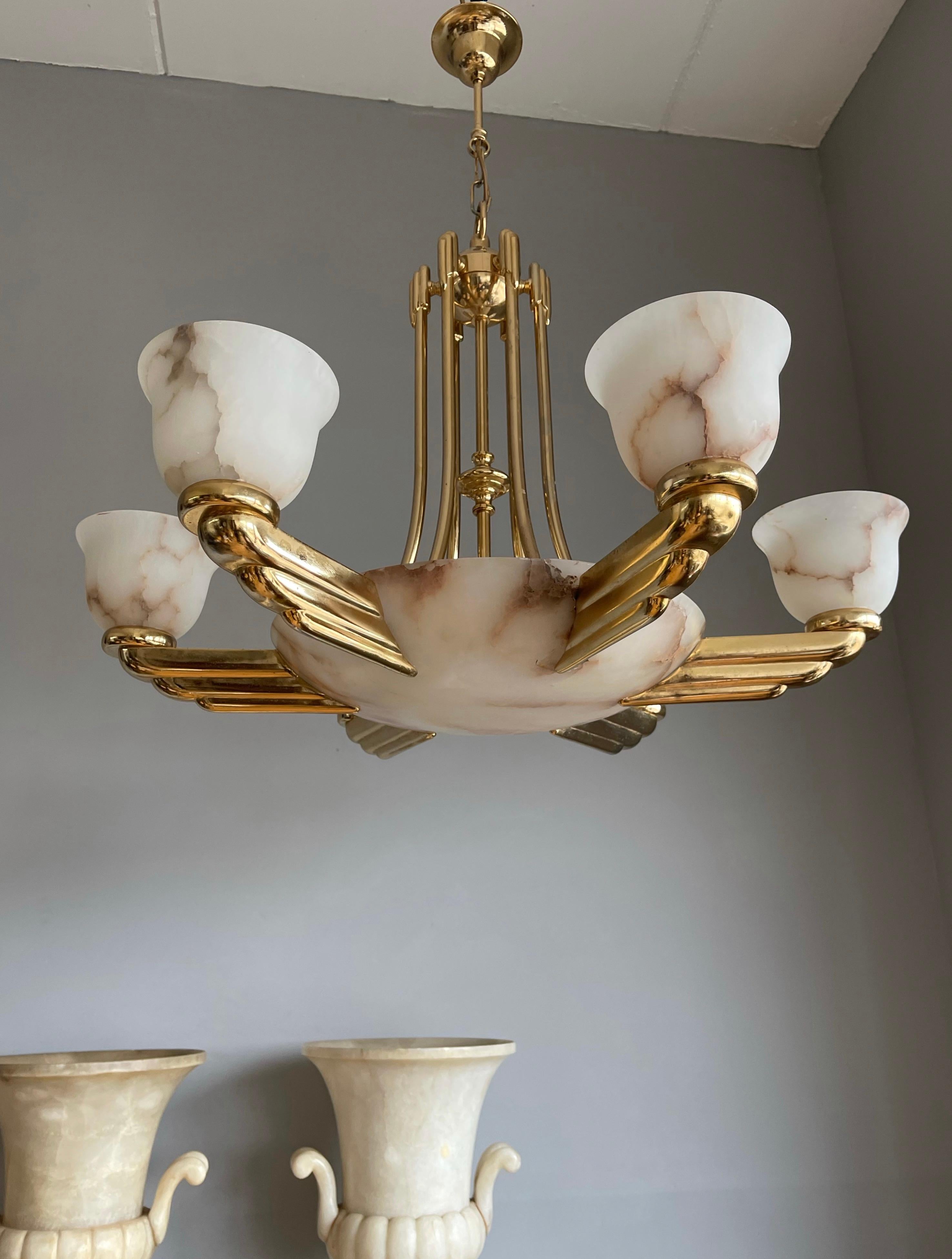 Polished Marvelous & Large Art Deco Style Alabaster & Bronze Chandelier / Pendant Light For Sale