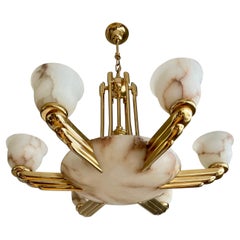 Marvelous & Large Art Deco Style Alabaster & Bronze Chandelier / Pendant Light