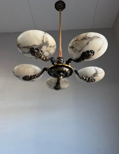 Marvelous & Large Bronze Art Deco Chandelier / Pendant w. Five Alabaster Shades