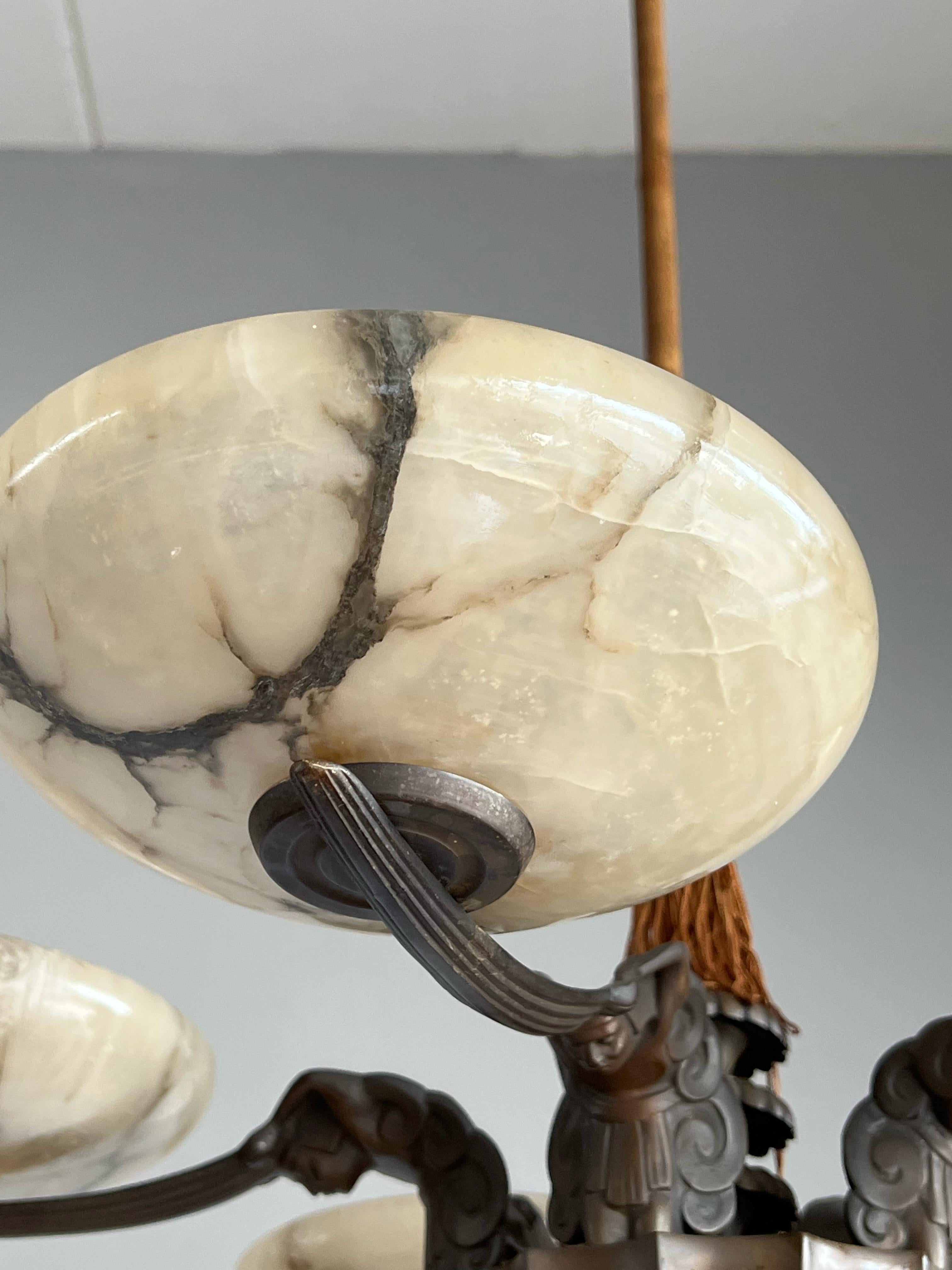 Marvelous & Large Bronze Art Deco Chandelier / Pendant with Alabaster Shades 4