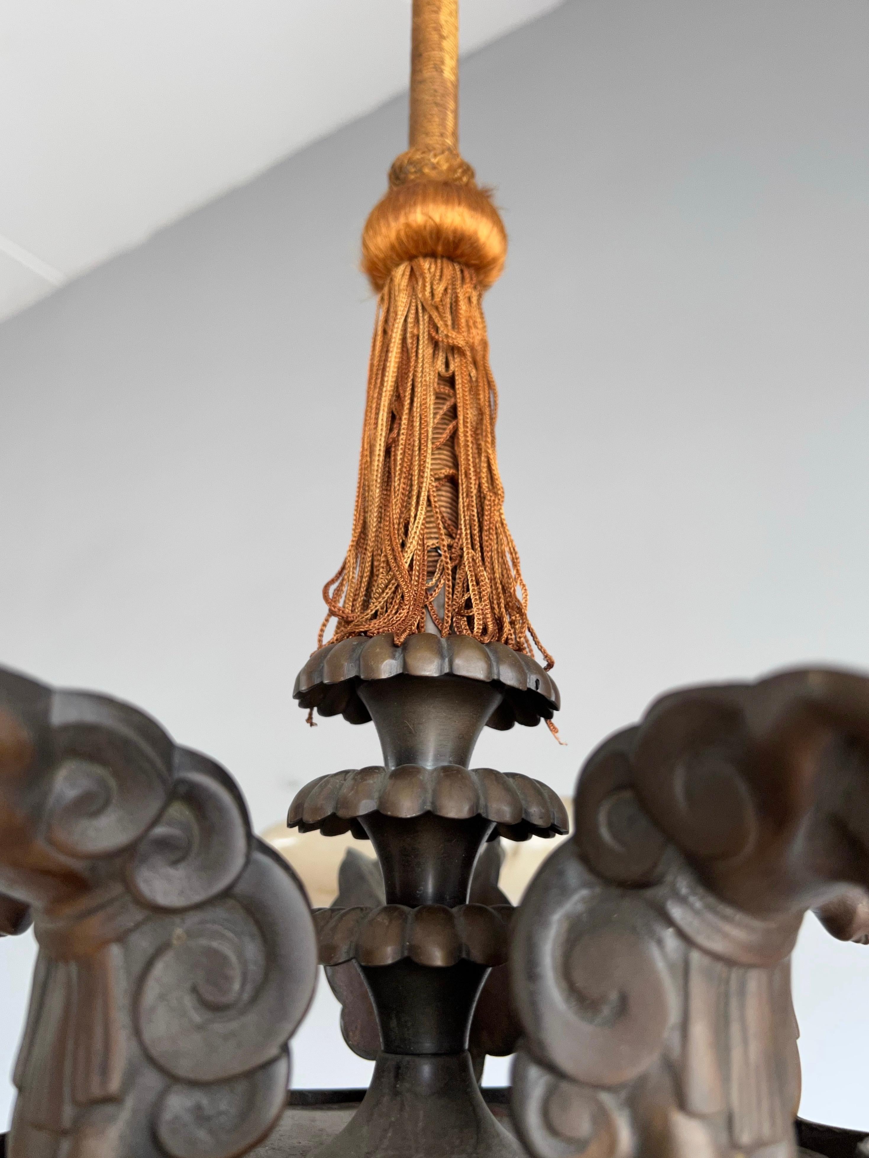 Marvelous & Large Bronze Art Deco Chandelier / Pendant with Alabaster Shades 8