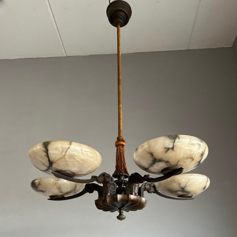 French Marvelous & Large Bronze Art Deco Chandelier / Pendant with Alabaster Shades For Sale