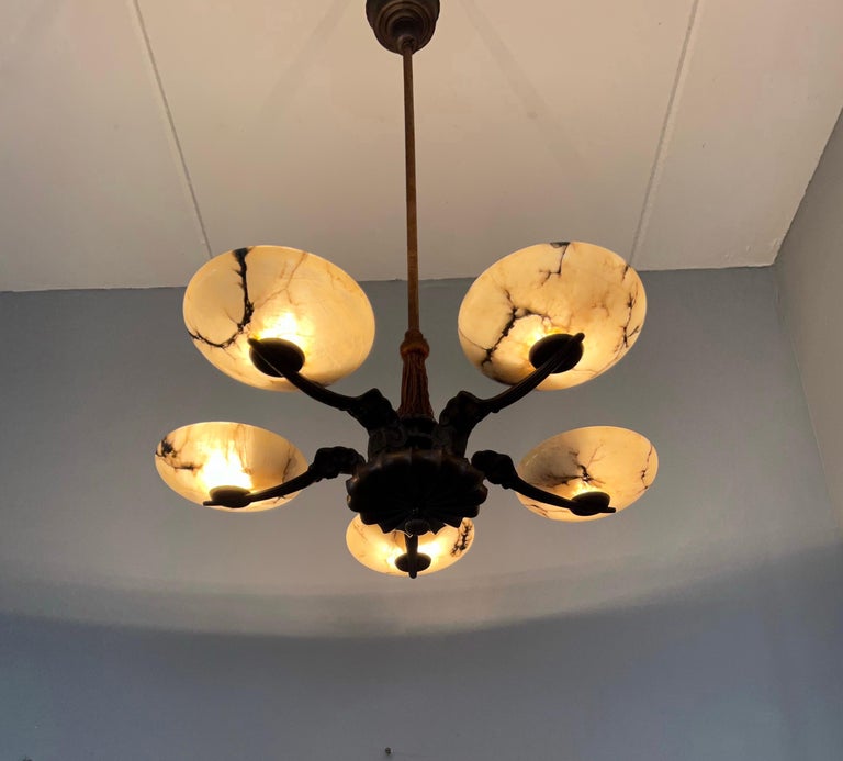 Marvelous & Large Bronze Art Deco Chandelier / Pendant with Alabaster Shades In Good Condition For Sale In Lisse, NL