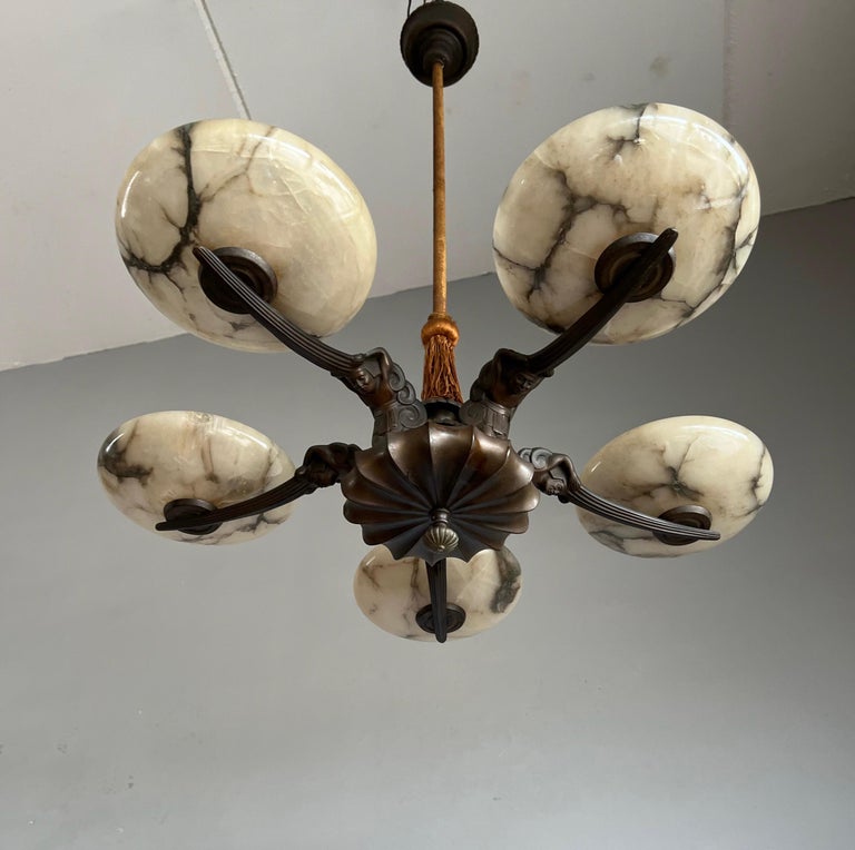20th Century Marvelous & Large Bronze Art Deco Chandelier / Pendant with Alabaster Shades For Sale