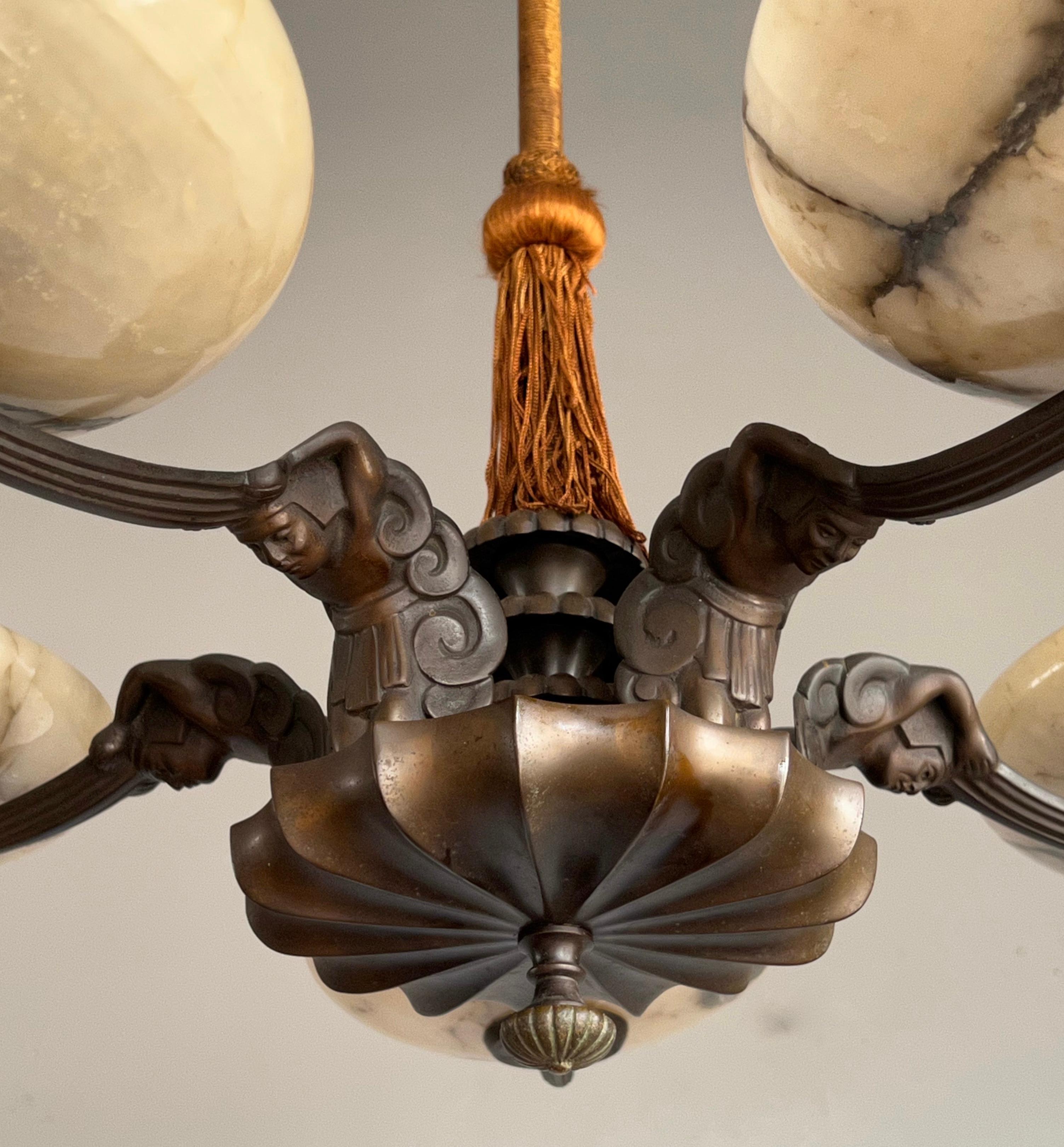 Rope Marvelous & Large Bronze Art Deco Chandelier / Pendant with Alabaster Shades
