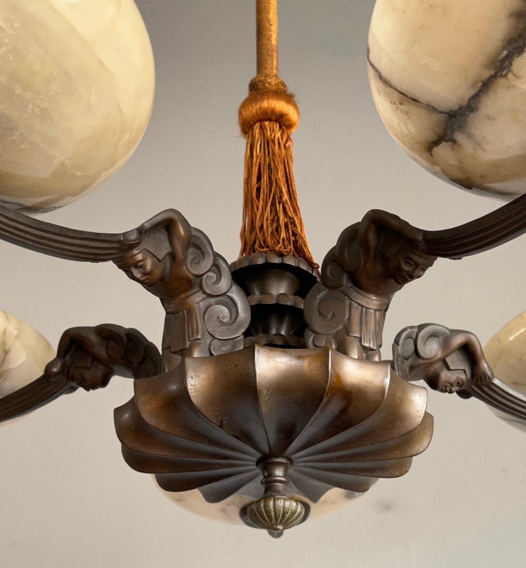 Rope Marvelous & Large Bronze Art Deco Chandelier / Pendant with Alabaster Shades For Sale