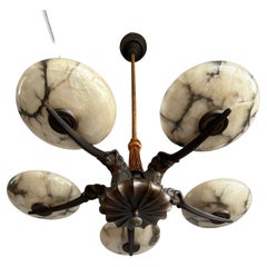 Marvelous & Large Bronze Art Deco Chandelier / Pendant with Alabaster Shades