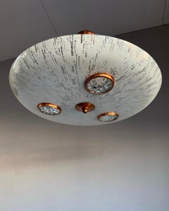 Marvelous Midcentury Modern Art Glass and Copper 3-Light Flush Mount / Pendant