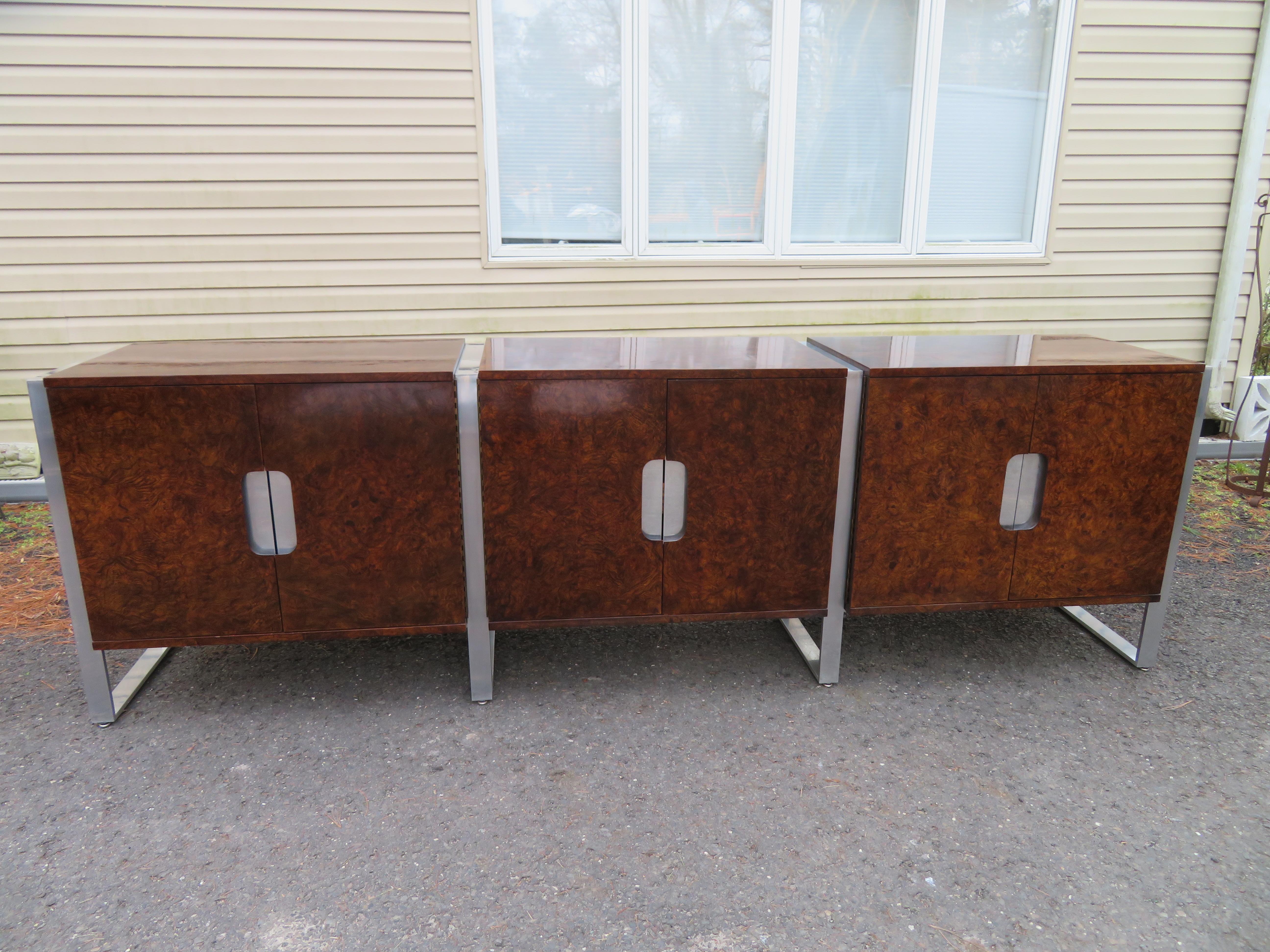 Marvelous Pace Collection 3 Piece Burled Walnut Aluminum Credenza Mid-Century  For Sale 14