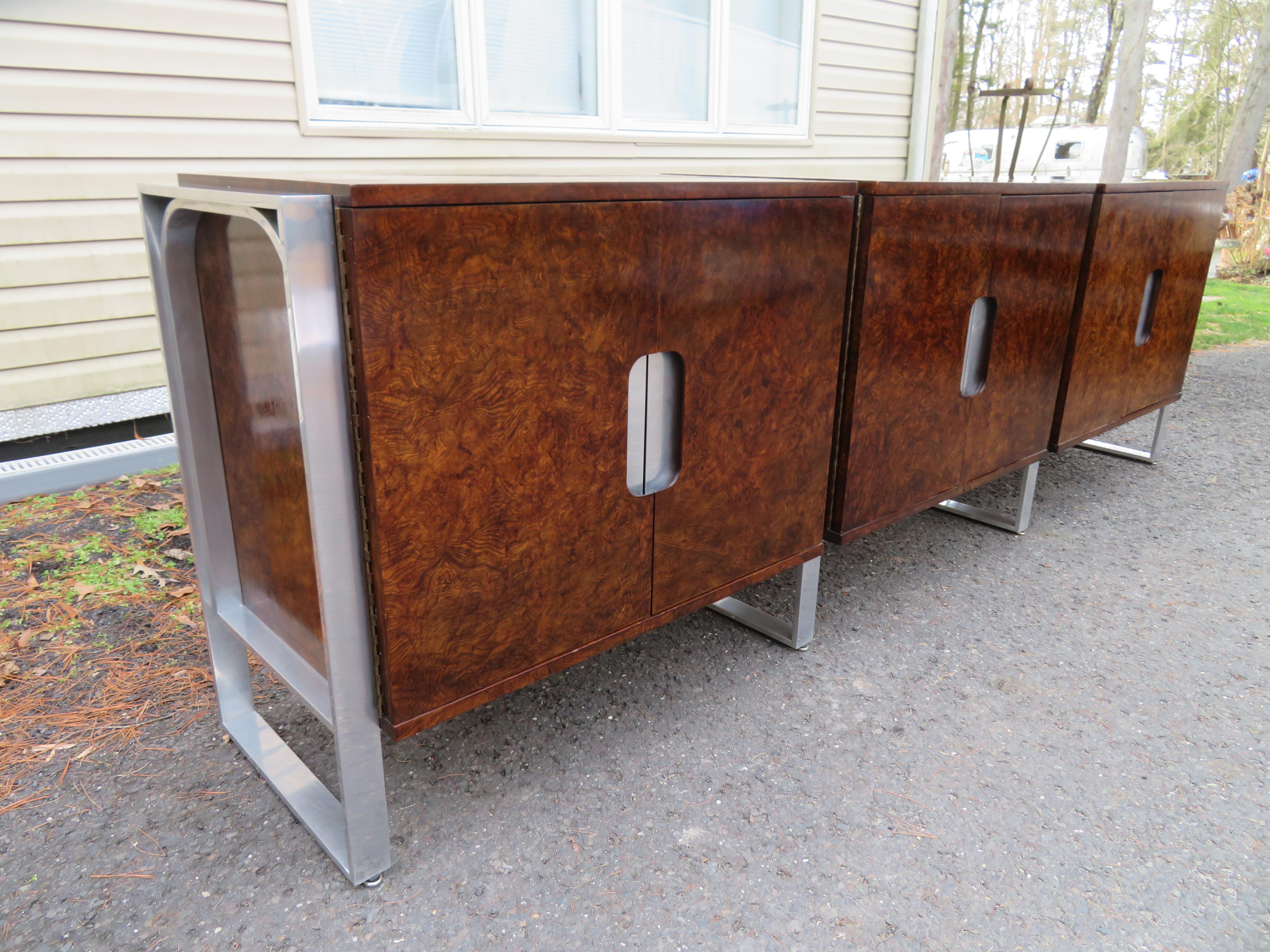 Mid-Century Modern Marvelous Pace Collection 3 Piece Burled Walnut Aluminum Credenza Mid-Century  For Sale