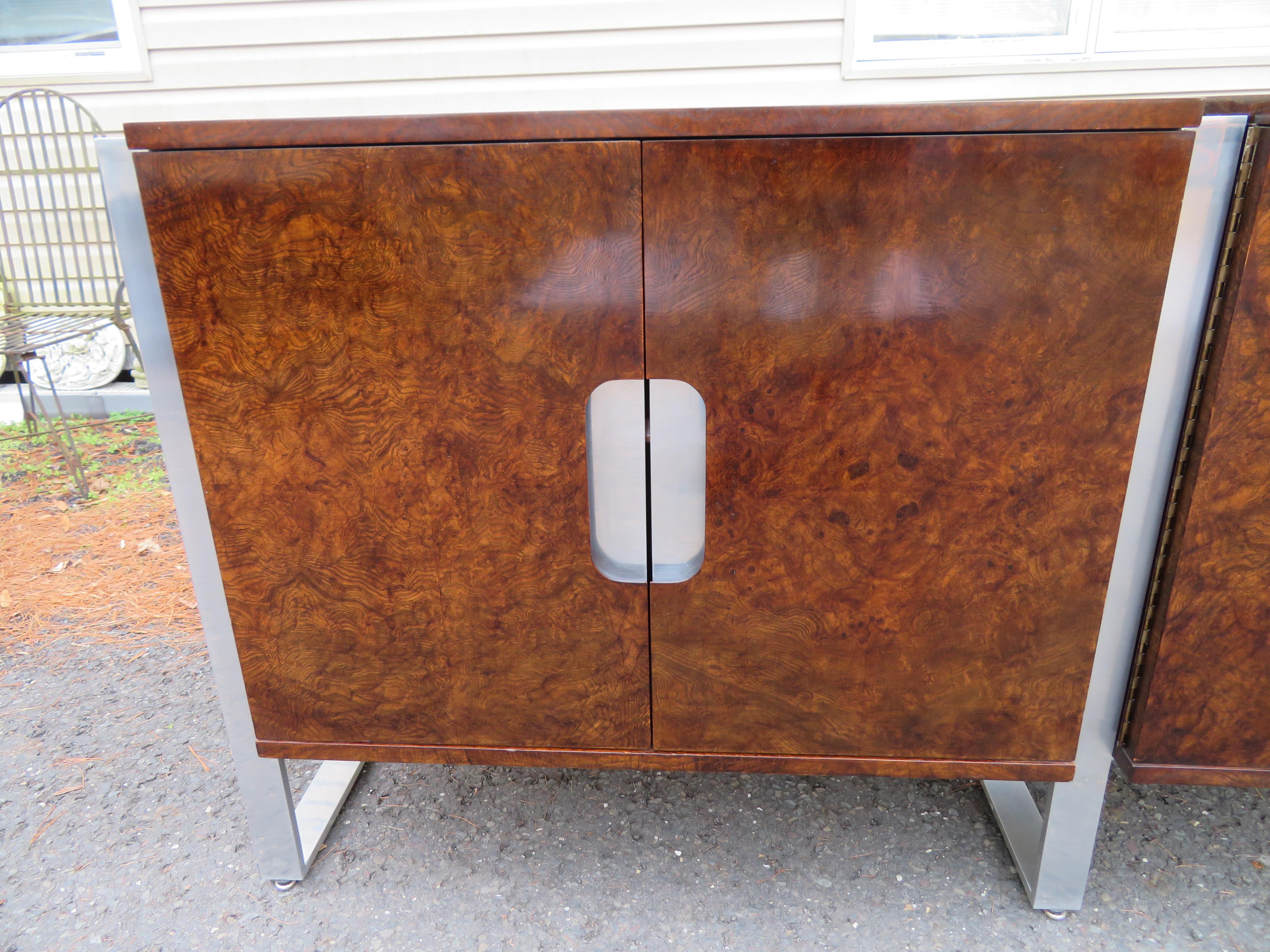 Late 20th Century Marvelous Pace Collection 3 Piece Burled Walnut Aluminum Credenza Mid-Century  For Sale