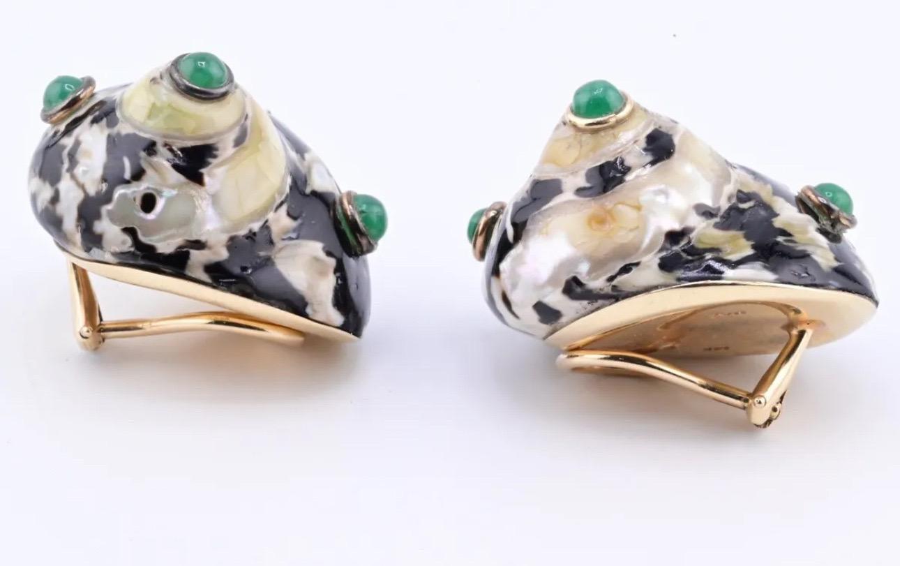 Women's Marvelous Pair Of 14K Maz Seashell Earrings With Gemstones Seaman Schepps Style