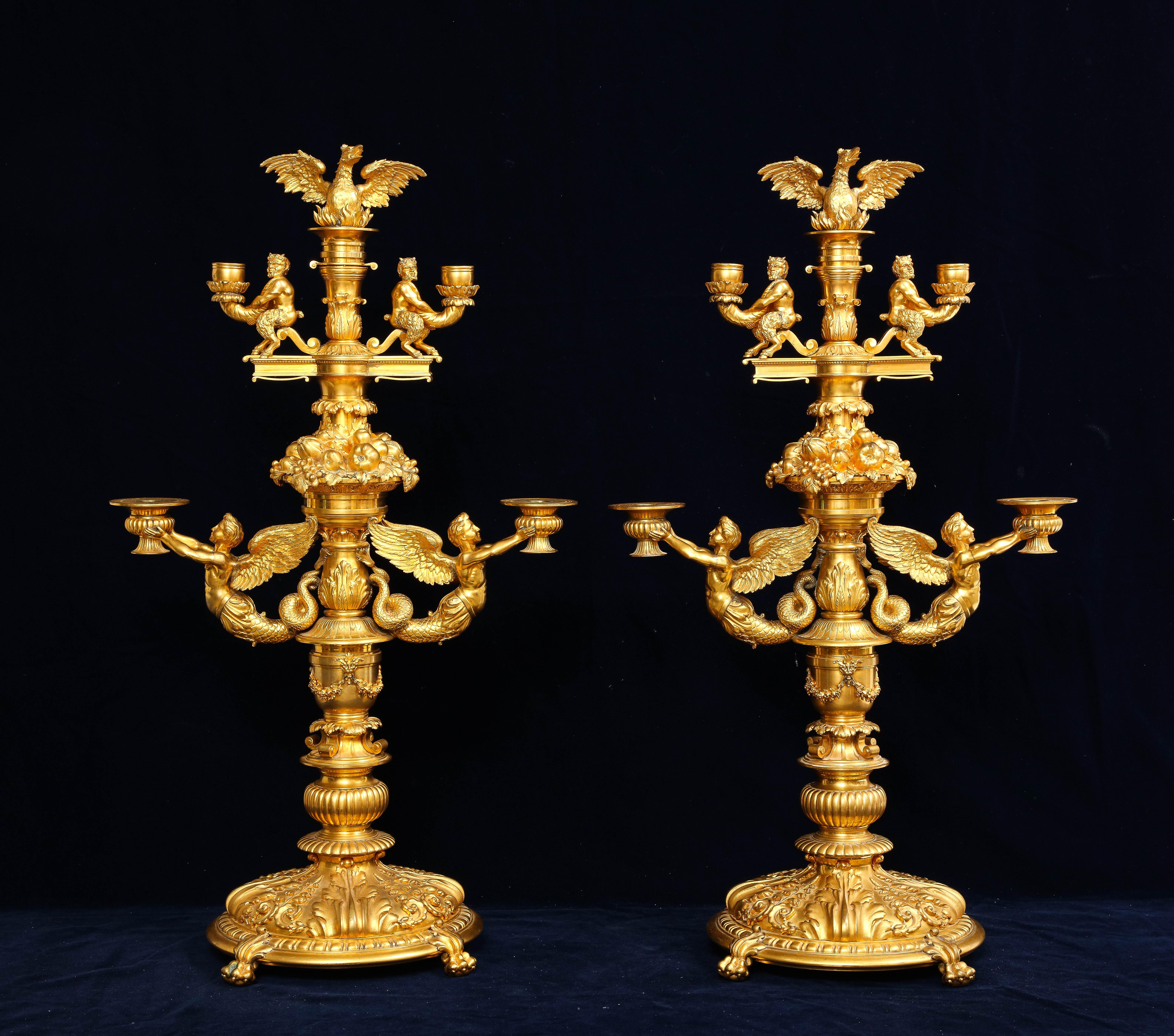 Marvelous Pair of 19th C. French Ormolu Four Arm Candelabras, Signed P. Canaux In Good Condition For Sale In New York, NY