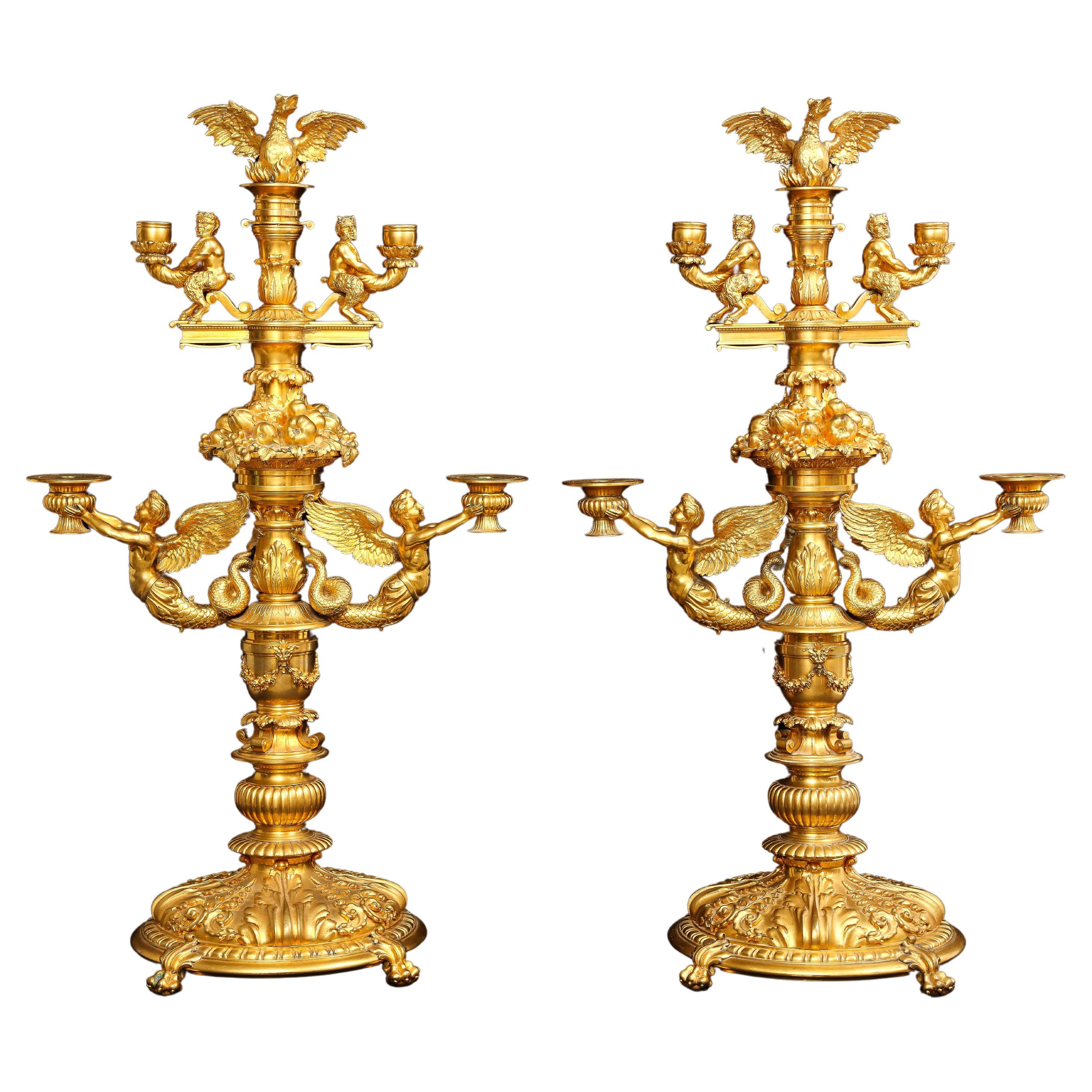 Marvelous paire de candélabres à quatre bras en bronze doré français du 19e siècle, signés P. Canaux